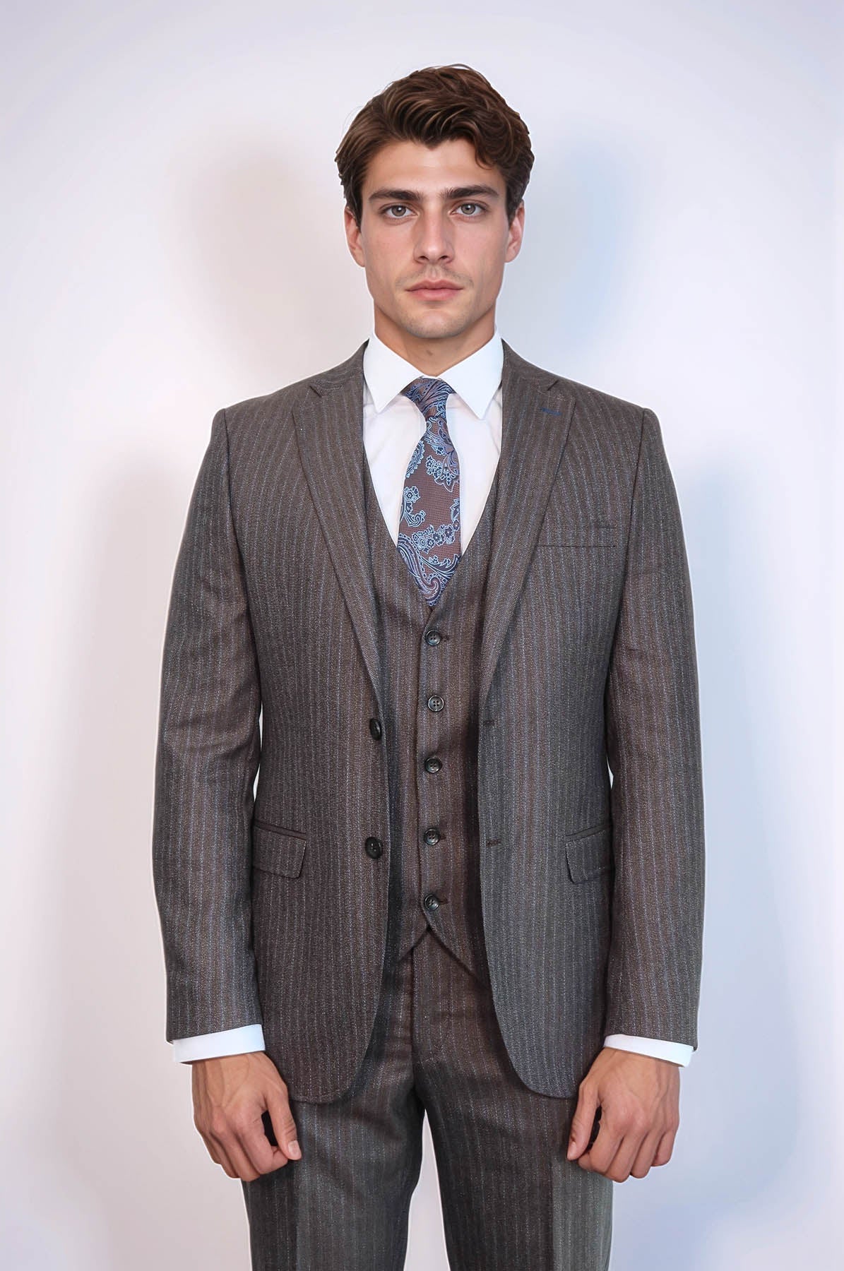KOALA SYDNEY Striped Brown Vested Suit |