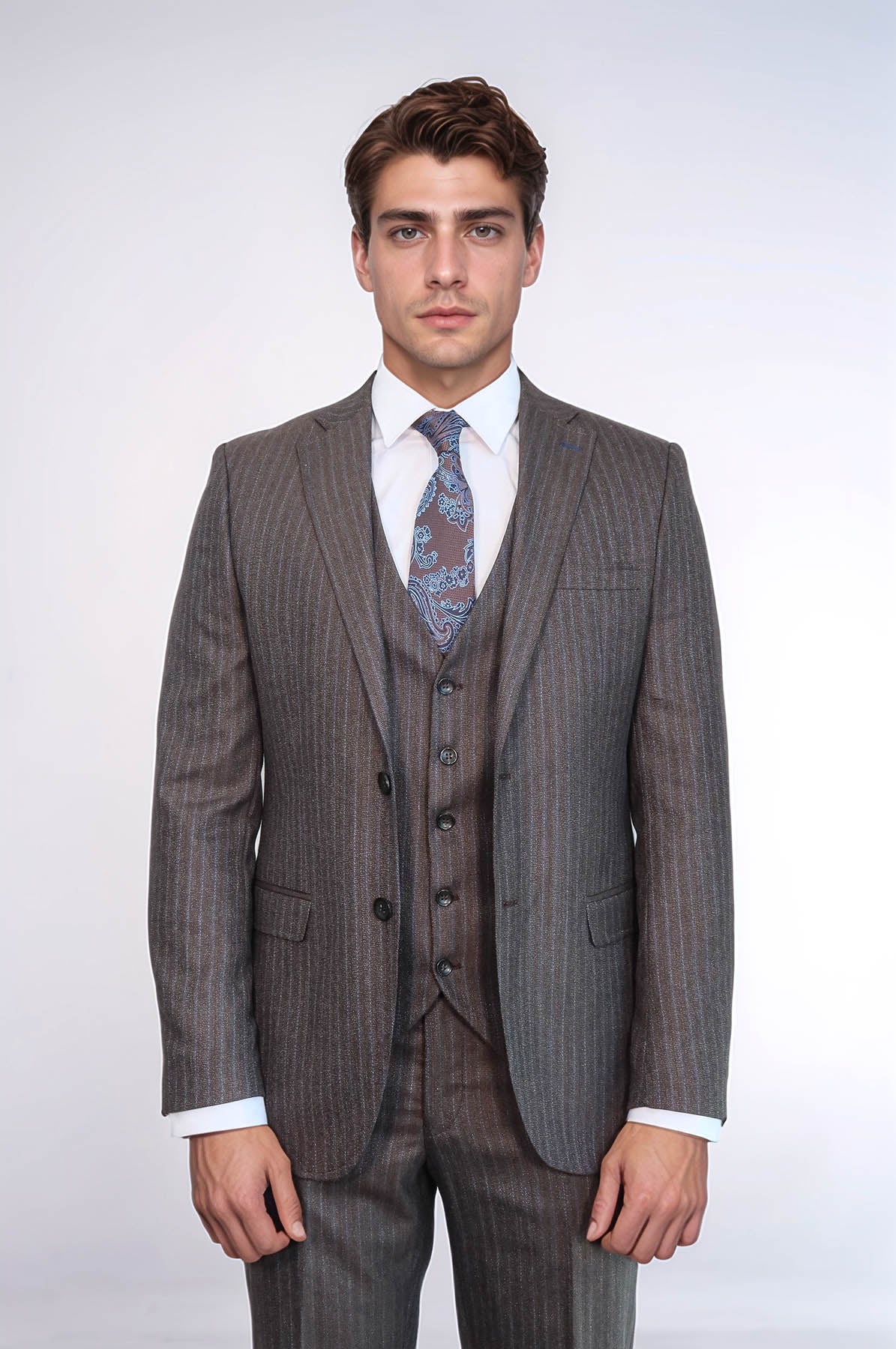 KOALA SYDNEY Striped Brown Vested Suit |