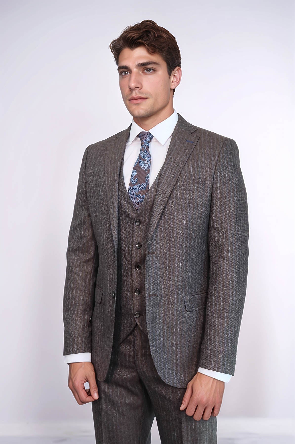 KOALA SYDNEY Striped Brown Vested Suit |
