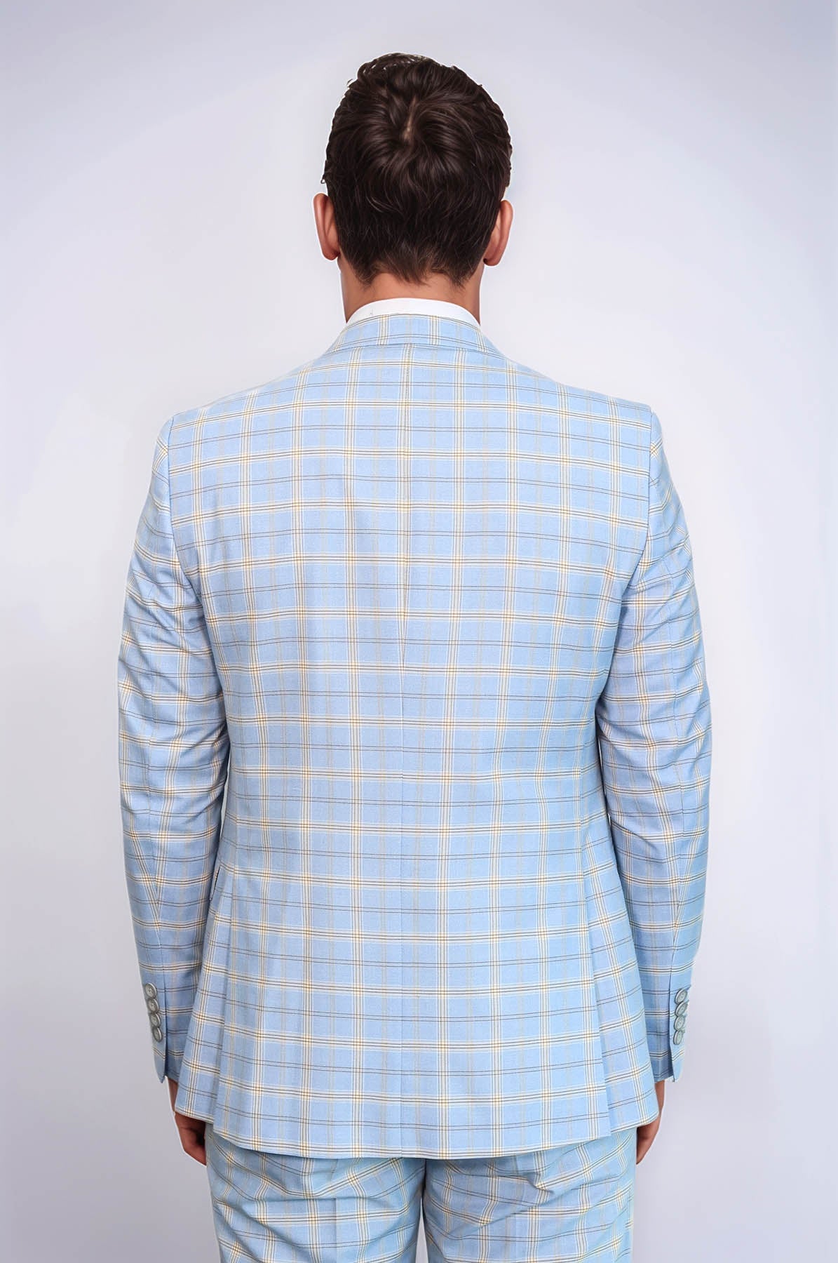 Baby Blue Checked Three Pieces Of Suit