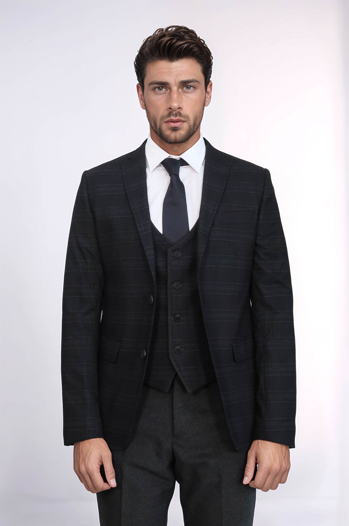 KOALA SYDNEY Plaid 3 Piece Black Suit |