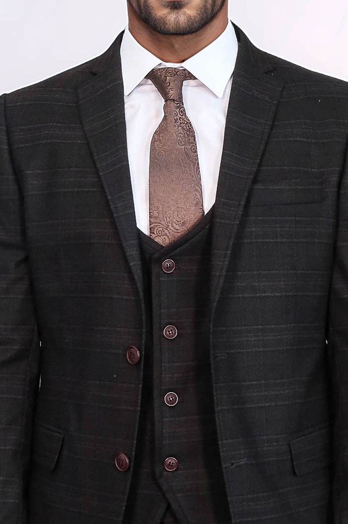 Brown Plaid Men's Winter 3 Piece Suit - Wessi