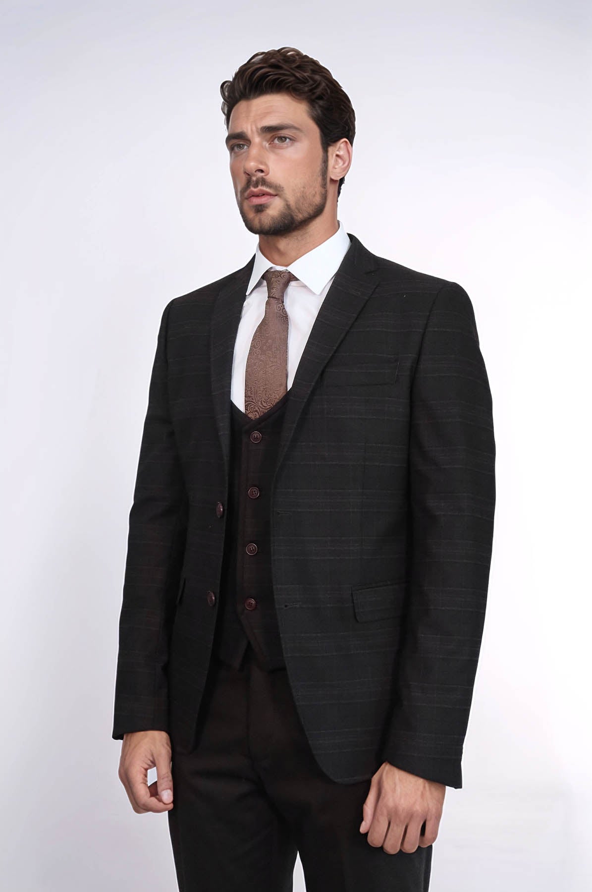Brown Plaid Men's Winter 3 Piece Suit - Wessi