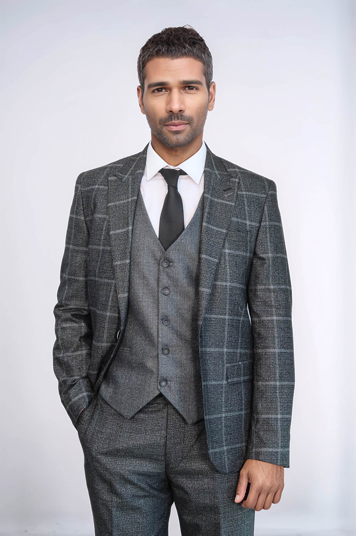 KOALA SYDNEY Anthracite Blue Plaid 3 Piece Slim Fit Suit -