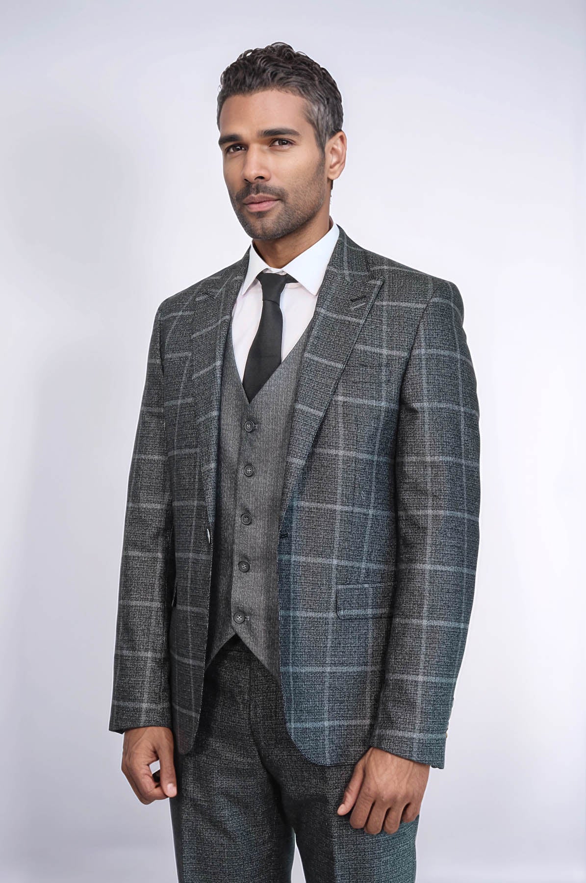KOALA SYDNEY Anthracite Blue Plaid 3 Piece Slim Fit Suit -