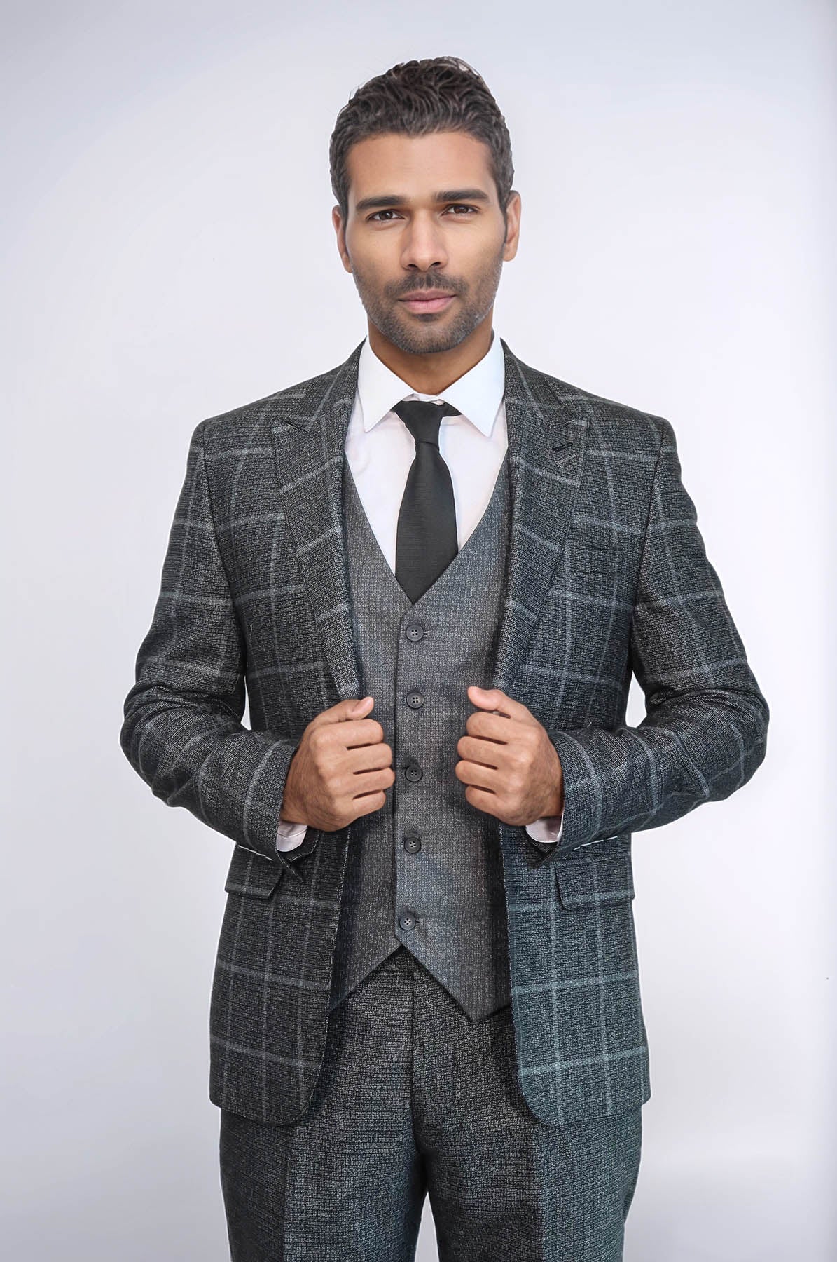 KOALA SYDNEY Anthracite Blue Plaid 3 Piece Slim Fit Suit -