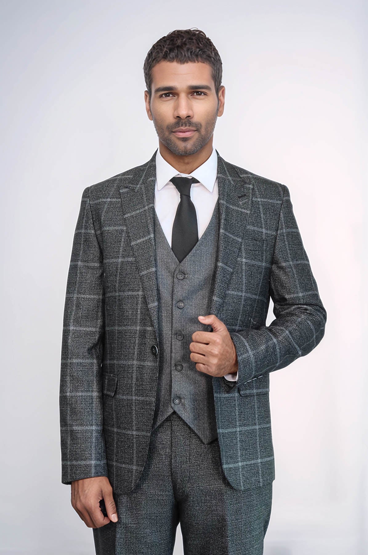 KOALA SYDNEY Anthracite Blue Plaid 3 Piece Slim Fit Suit -