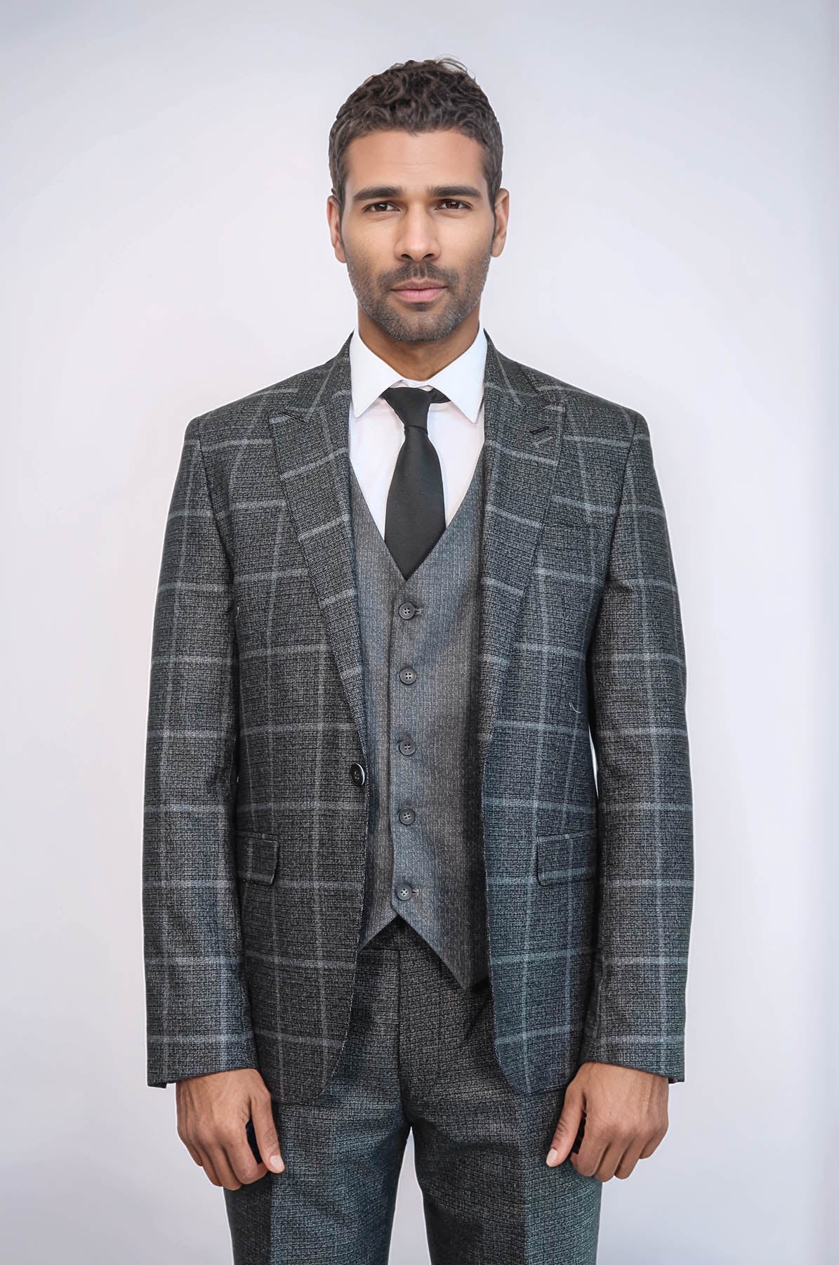 KOALA SYDNEY Anthracite Blue Plaid 3 Piece Slim Fit Suit -