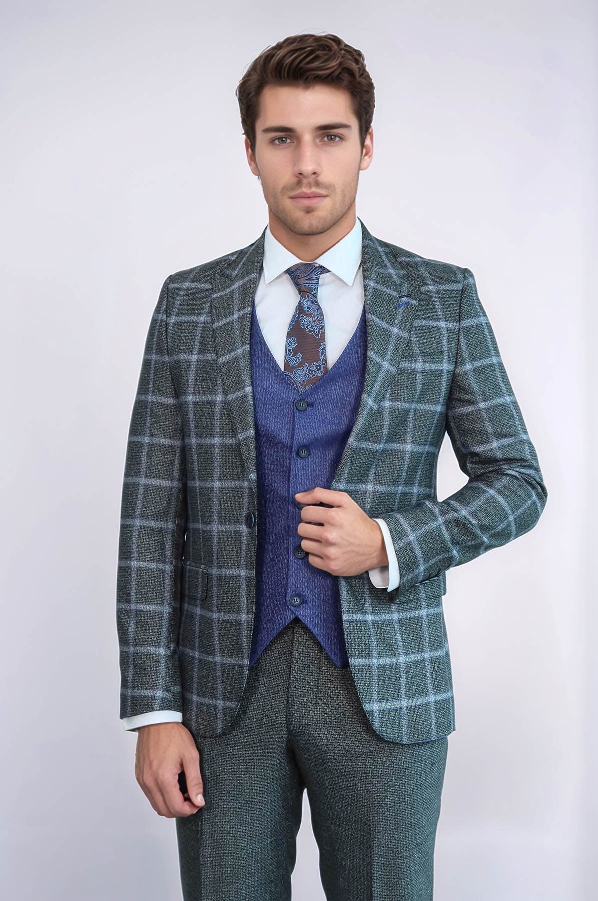 Grey Blue Checked Suit - Wessi
