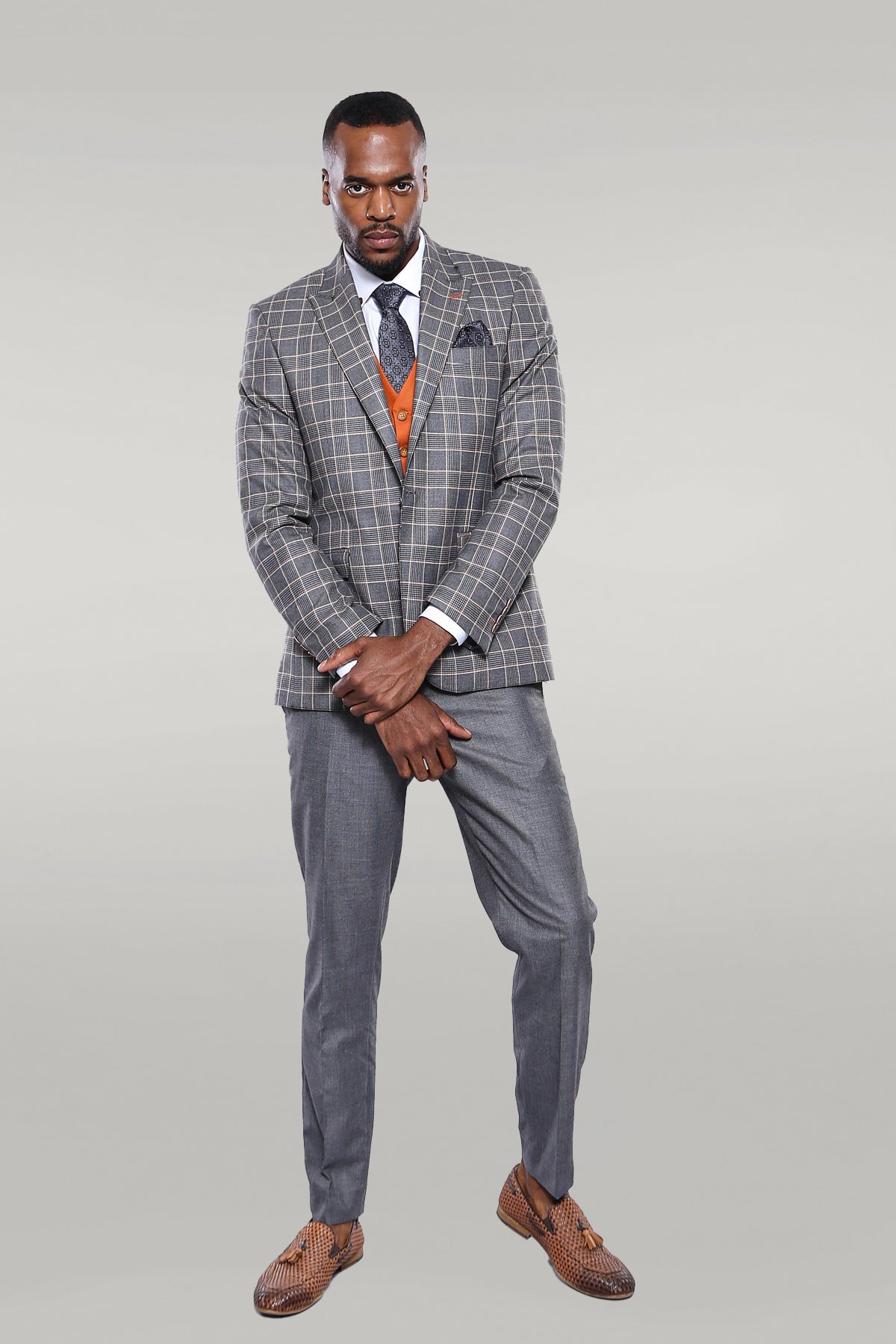 Orange Vested Checked Grey Men Suit -