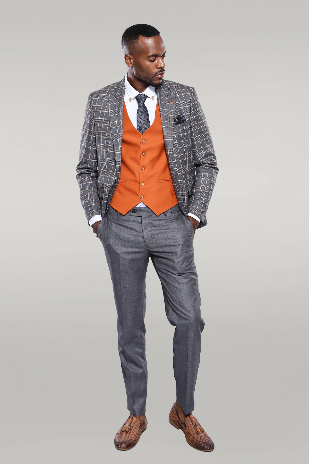 Orange Vested Checked Grey Men Suit -