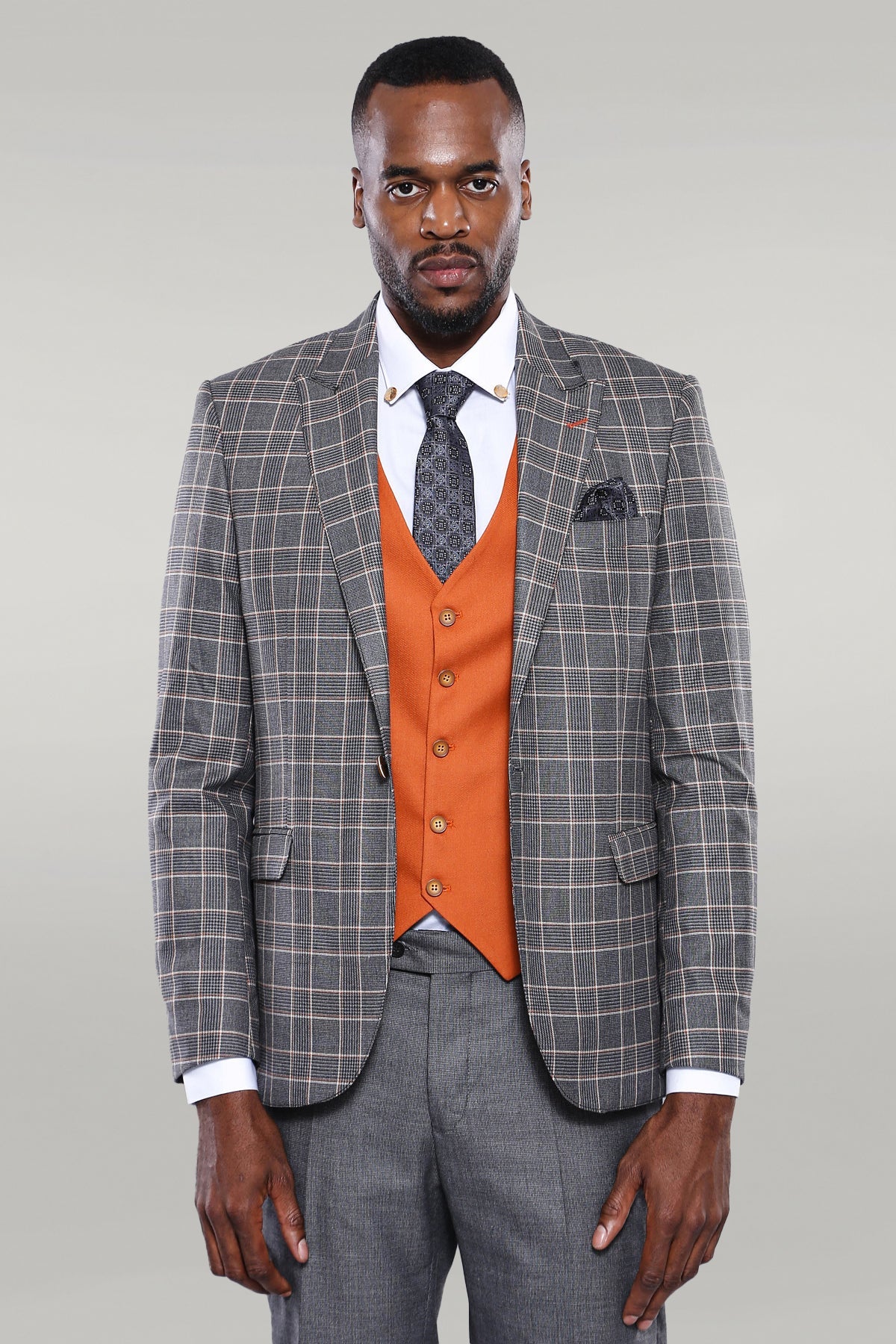 Orange Vested Checked Grey Men Suit -