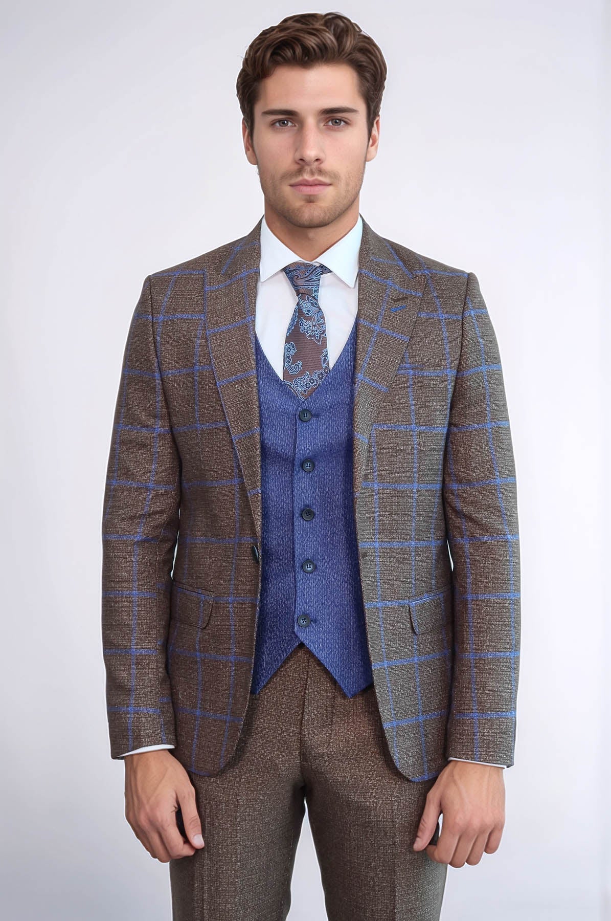 Brown Blue Checked Suit