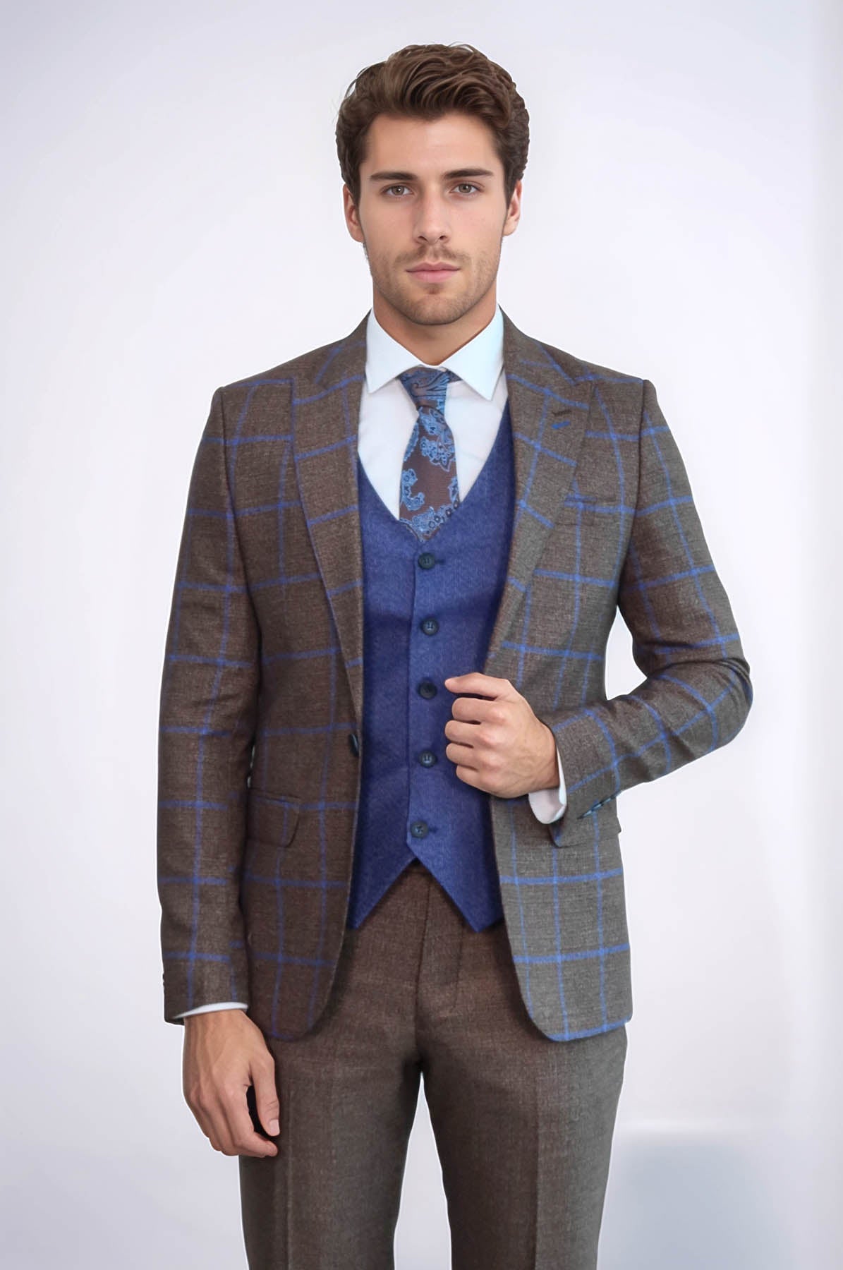 Brown Blue Checked Suit