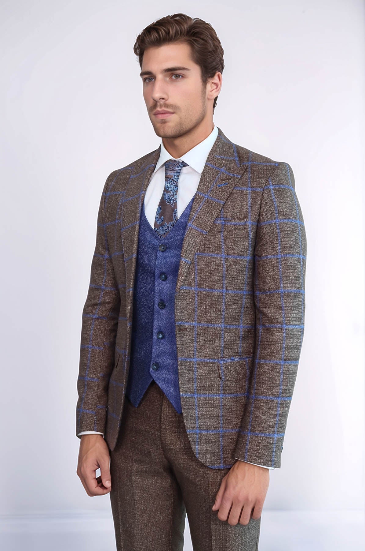 Brown Blue Checked Suit