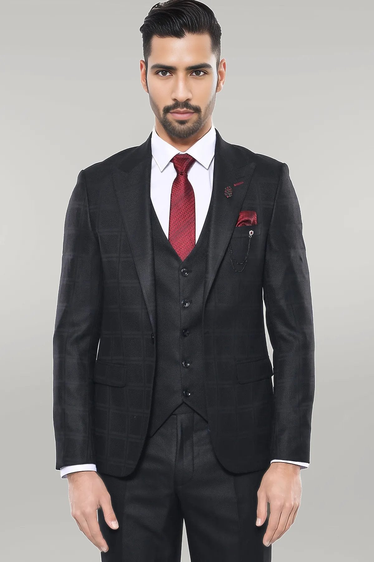 Checked Vested Black Suit |