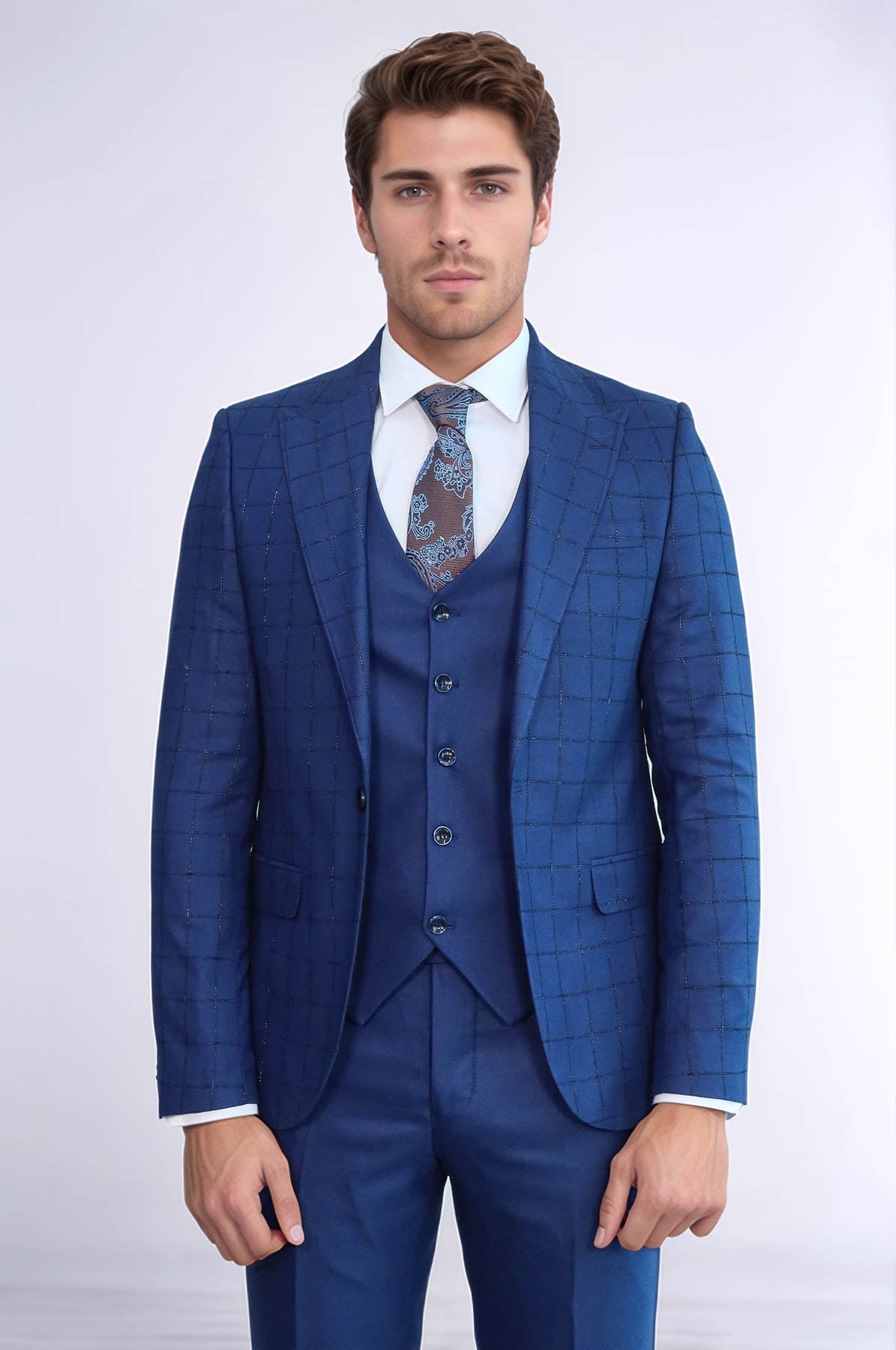 KOALA SYDNEY Blue Vested Suit With Plaid Blazer -