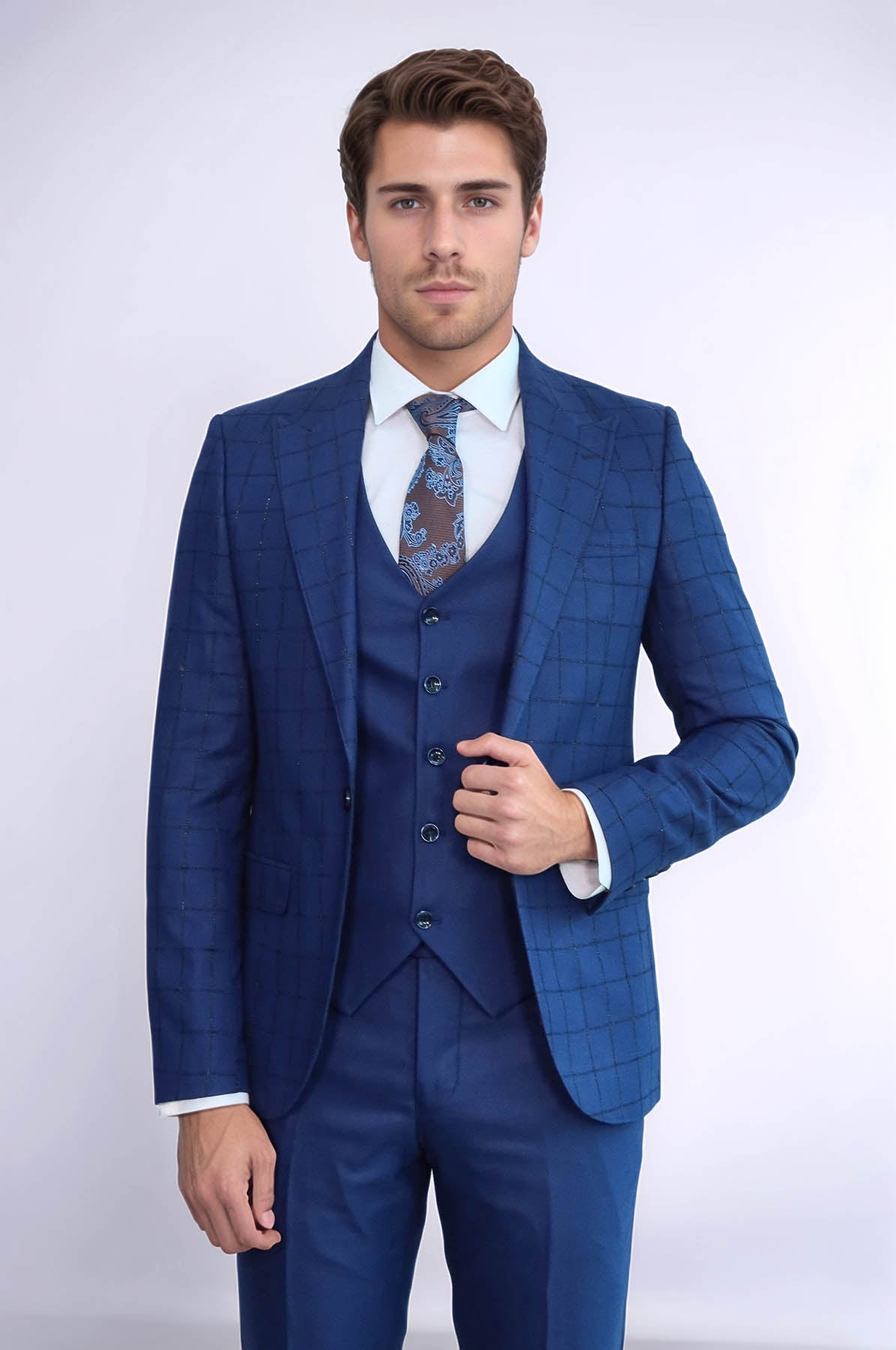 KOALA SYDNEY Blue Vested Suit With Plaid Blazer -