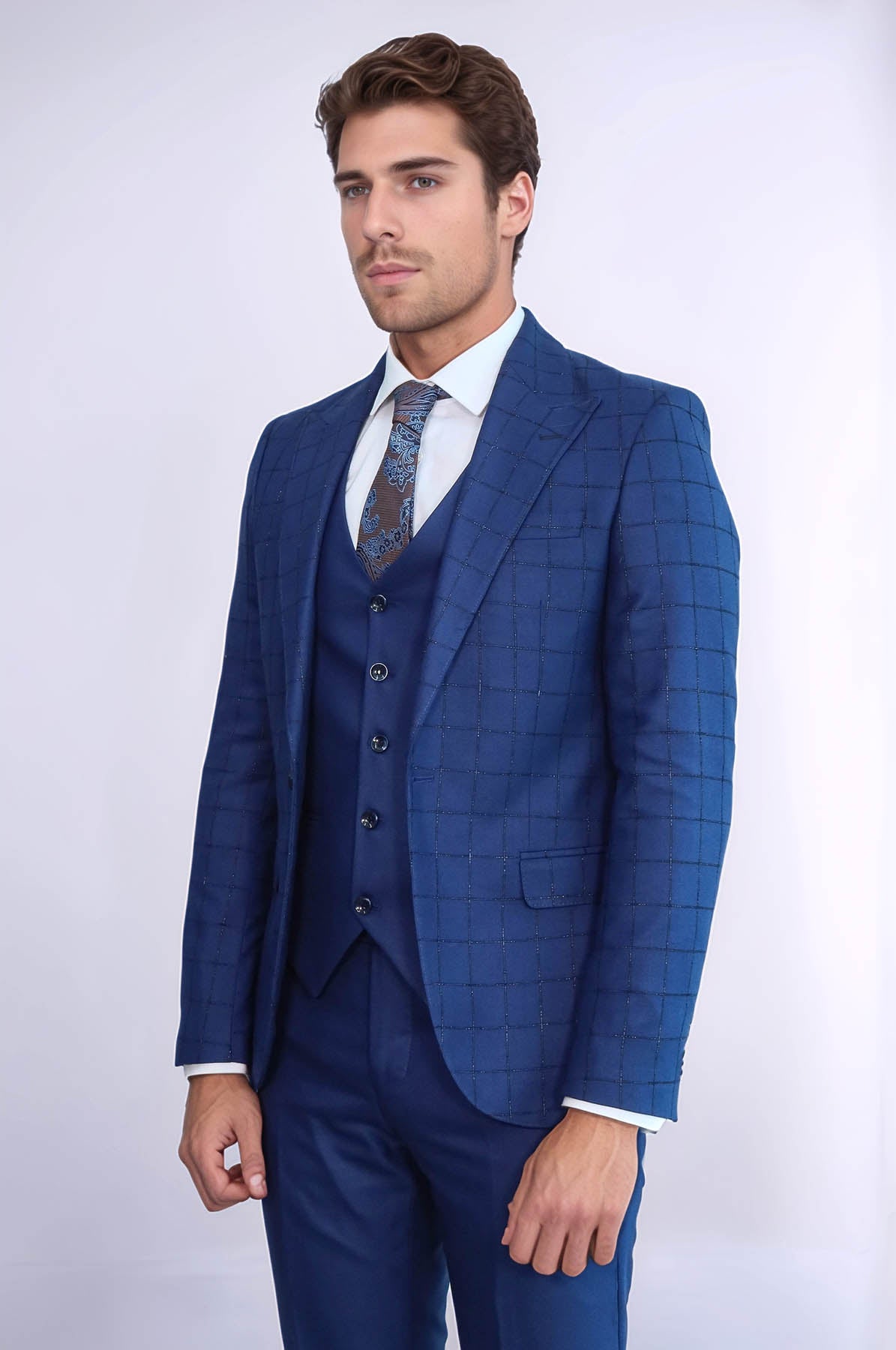 KOALA SYDNEY Blue Vested Suit With Plaid Blazer -
