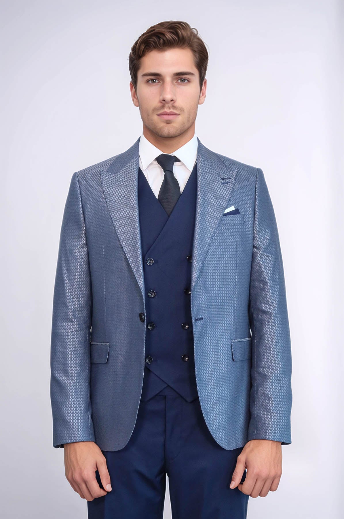 Navy Blue Self-Patterned Vested Suit