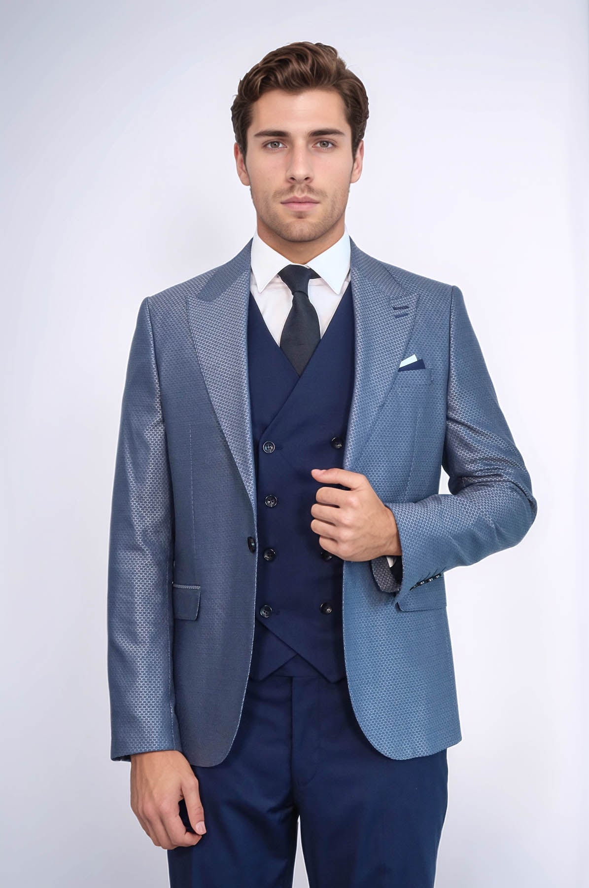 Navy Blue Self-Patterned Vested Suit