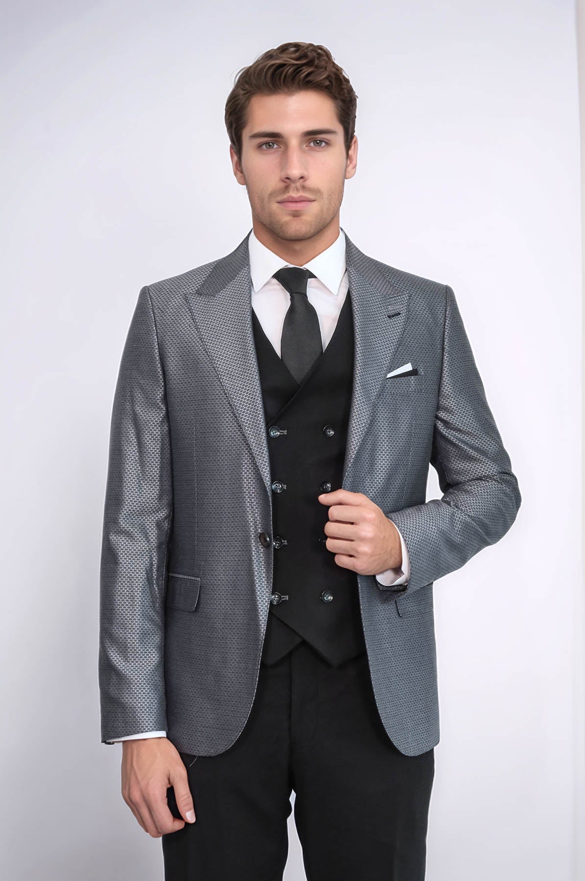 Grey Jacket Combined Black Suit - Wessi