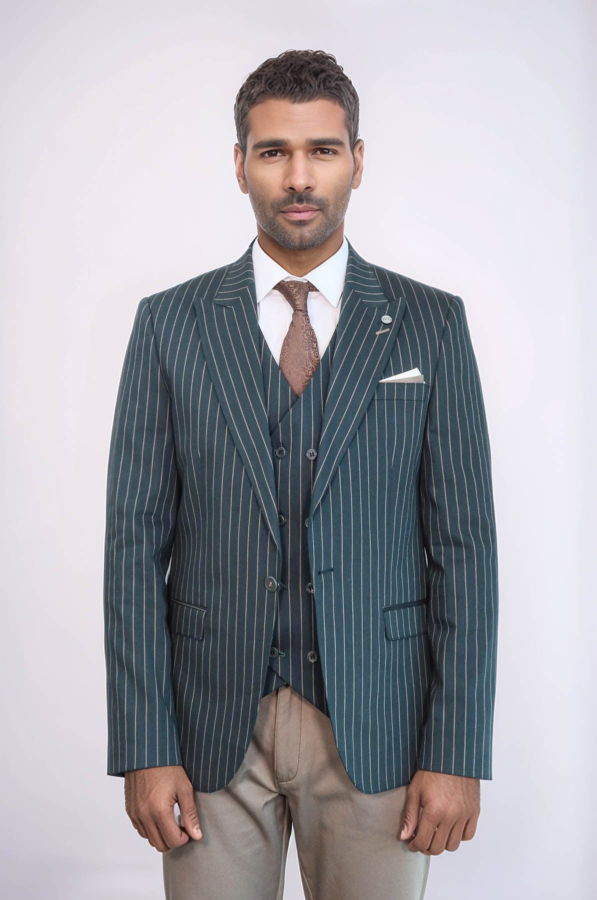 Striped Jacket Green Men's Suit