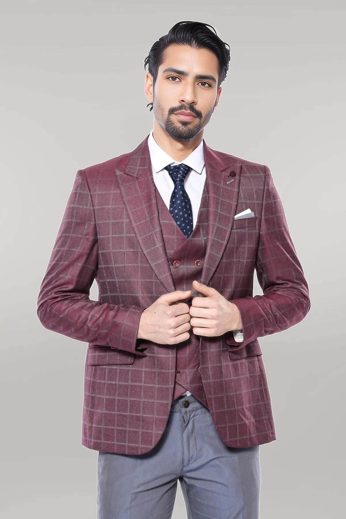 KOALA SYDNEY Combined Vested Burgundy Plaid Men's Suit -