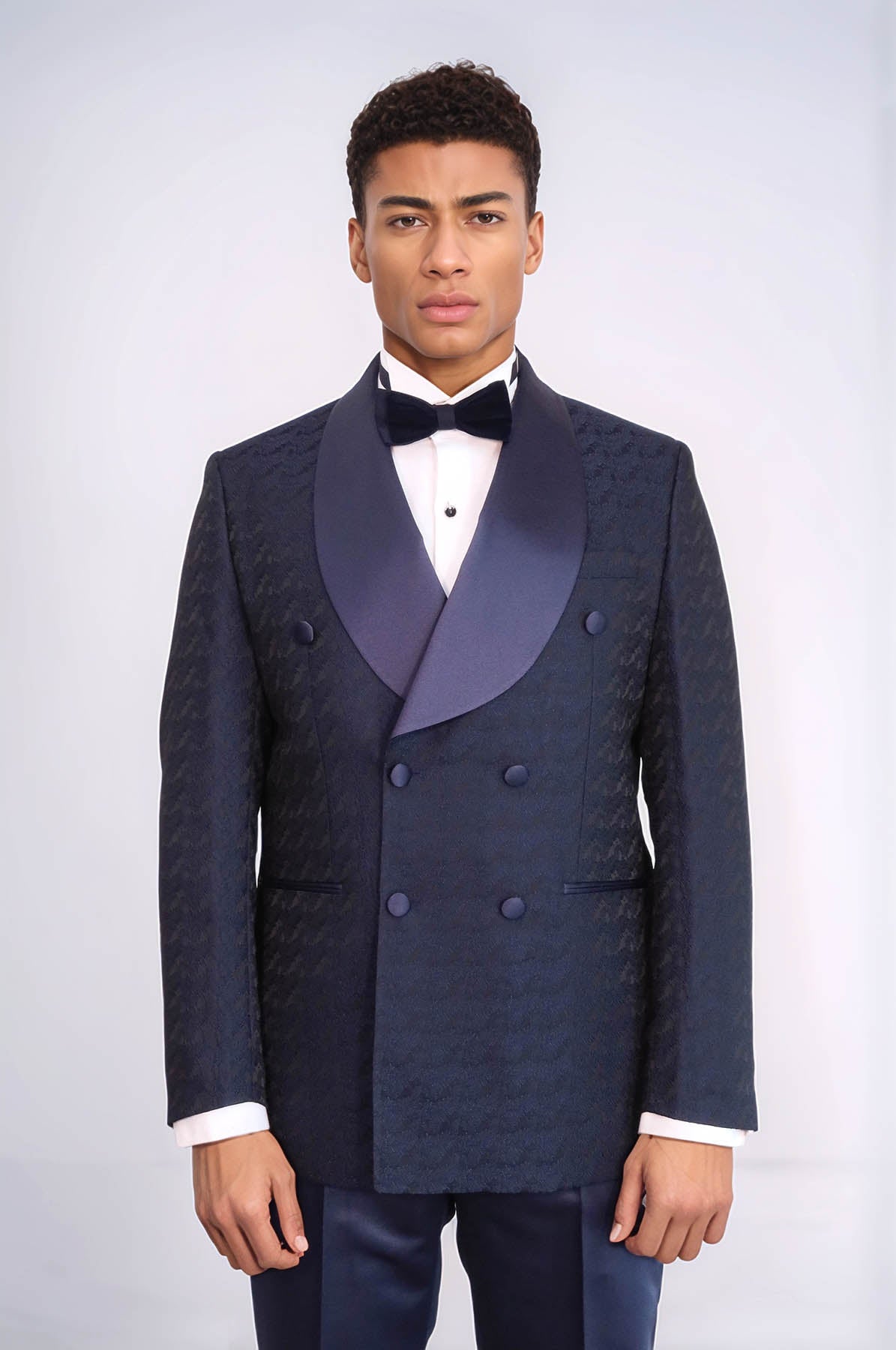 KOALA SYDNEY Satin Shawl Collar Patterned Double Breasted Navy Blue Men Tuxedo Suit