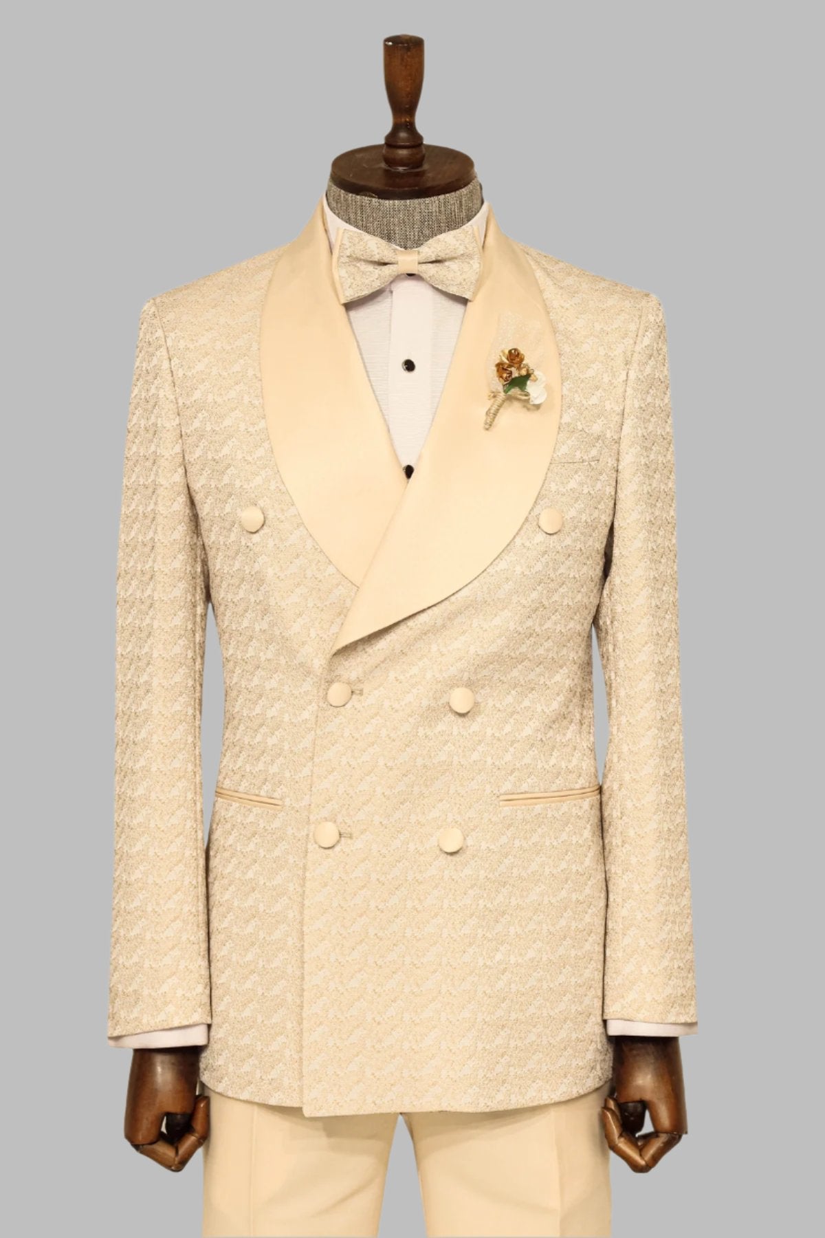 KOALA SYDNEY Satin Shawl Collar Patterned Double Breasted Champagne Men Tuxedo Suit