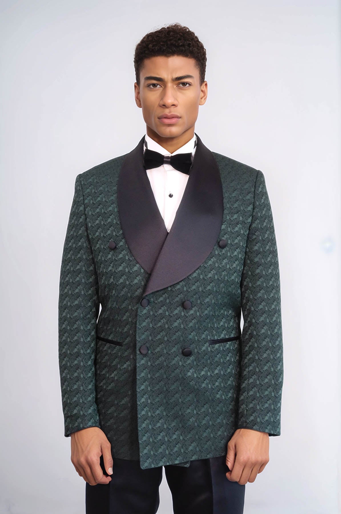 KOALA SYDNEY Satin Shawl Collar Patterned Double Breasted Dark Green Men Tuxedo Suit