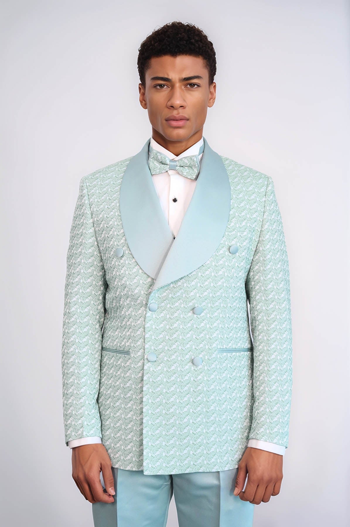 KOALA SYDNEY Satin Shawl Collar Patterned Double Breasted Sage Green Men Tuxedo Suit