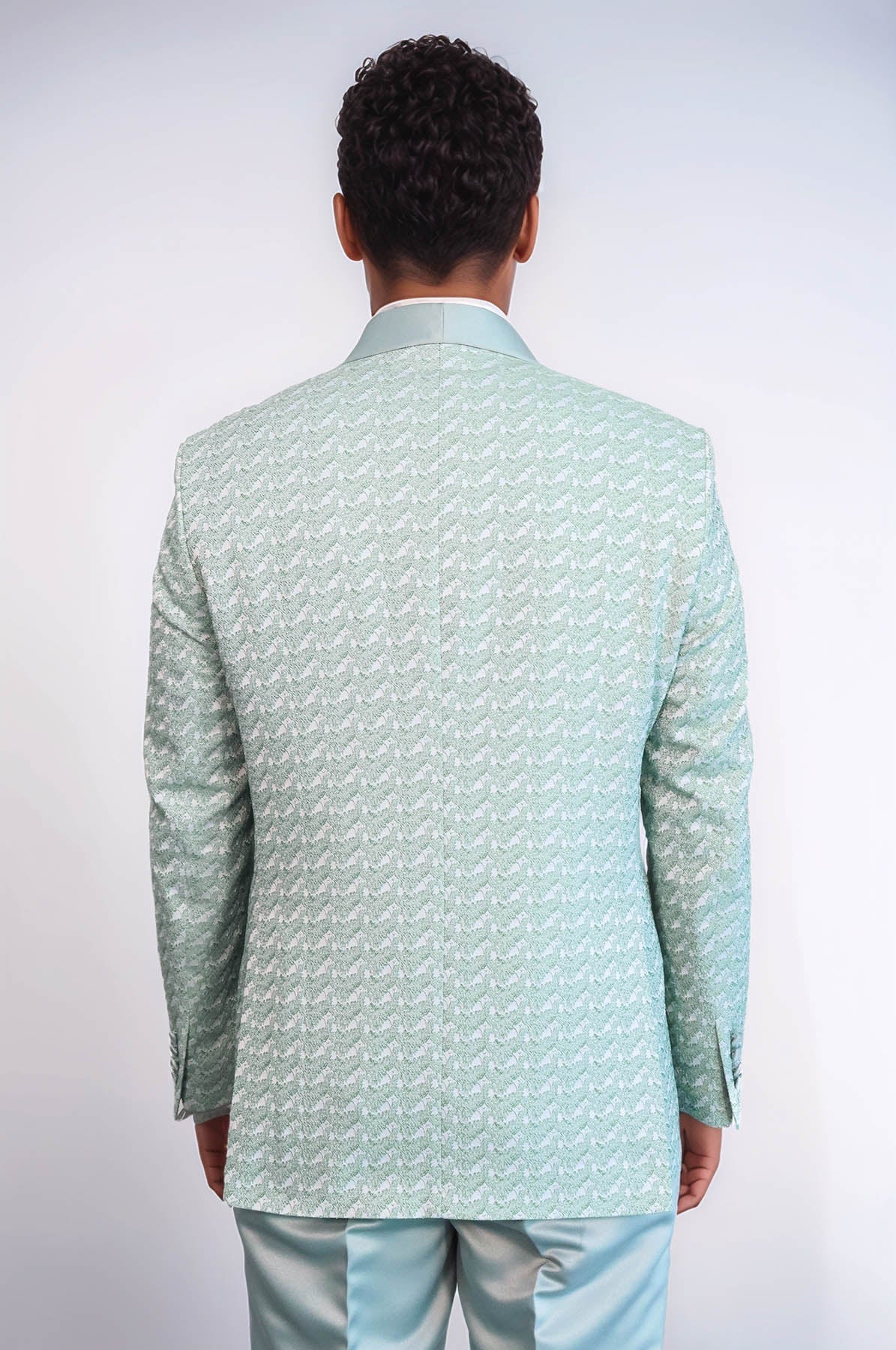 Satin Shawl Collar Patterned Double Breasted Sage Green Men Tuxedo Suit