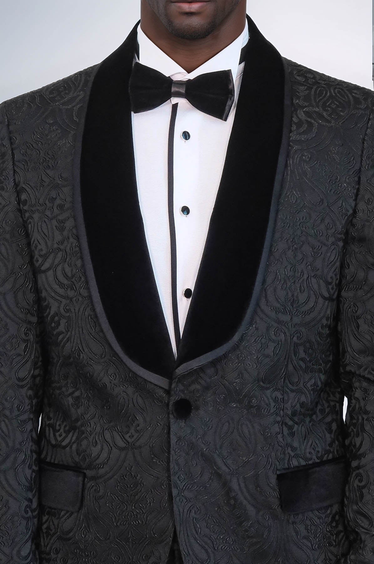 KOALA SYDNEY 2 Piece Damask Patterned Velvet Shawl Collar Black Men's Tuxedo Suit -
