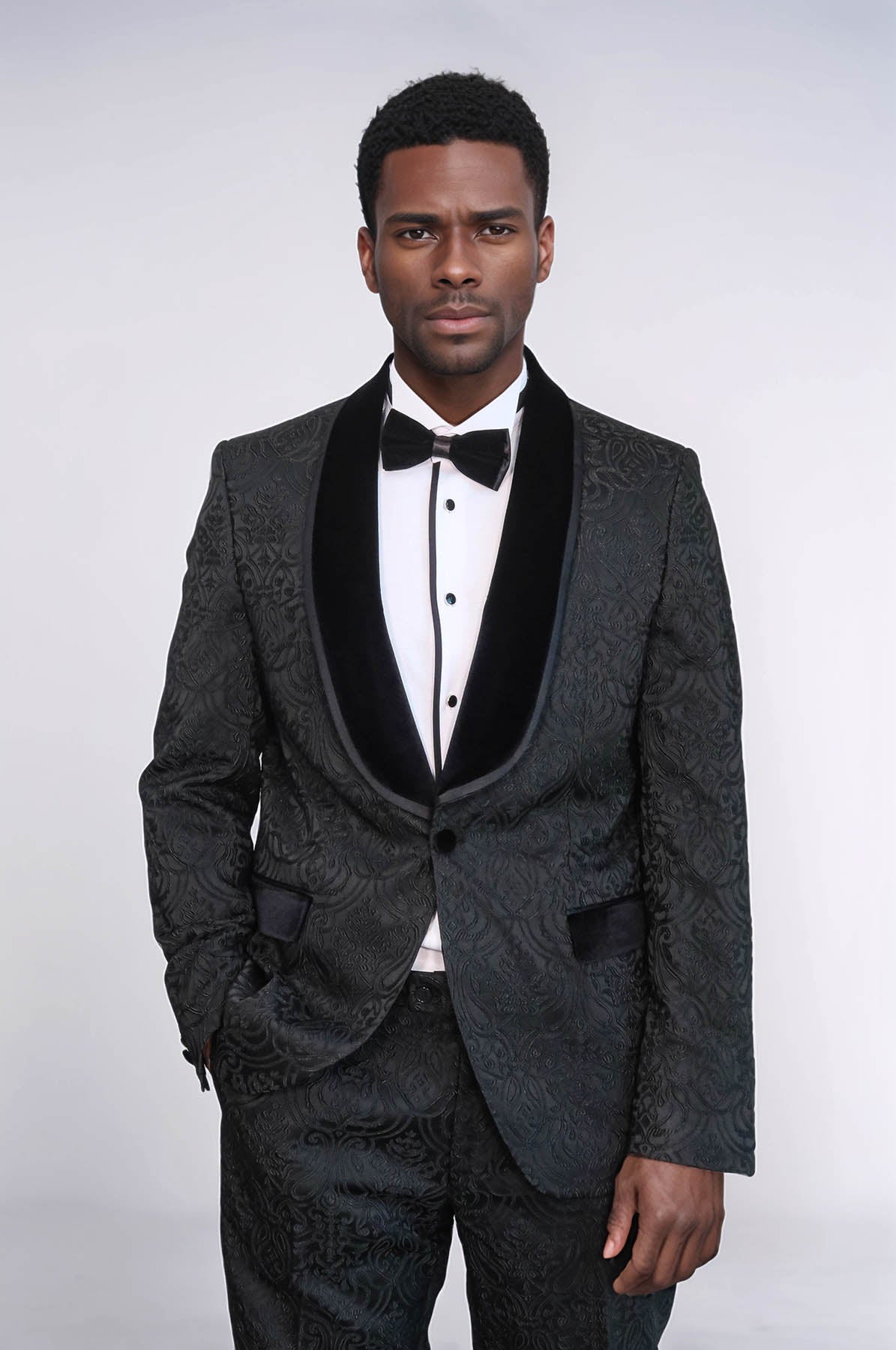 KOALA SYDNEY 2 Piece Damask Patterned Velvet Shawl Collar Black Men's Tuxedo Suit -
