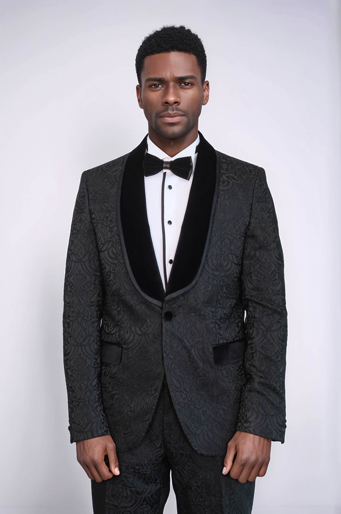 KOALA SYDNEY 2 Piece Damask Patterned Velvet Shawl Collar Black Men's Tuxedo Suit -