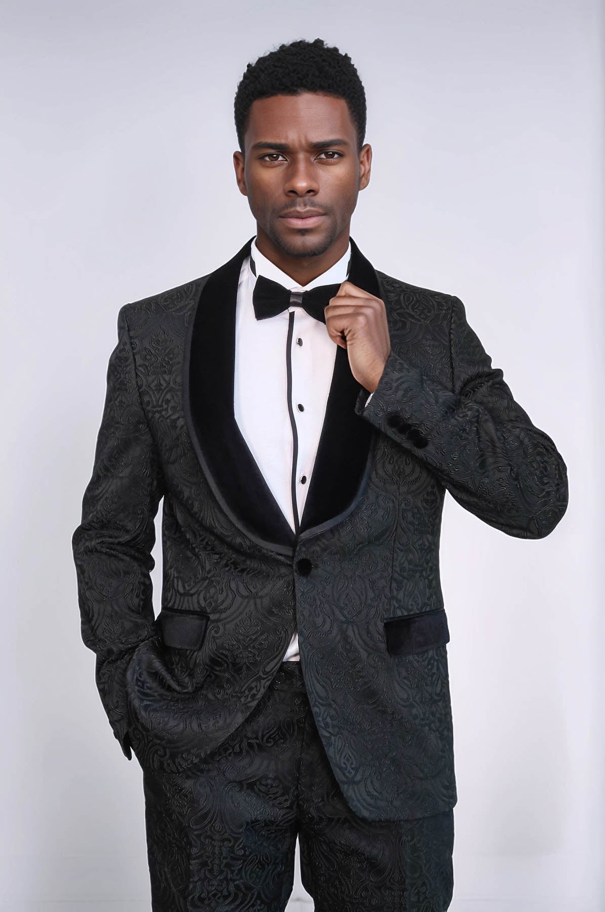 KOALA SYDNEY 2 Piece Damask Patterned Velvet Shawl Collar Black Men's Tuxedo Suit -