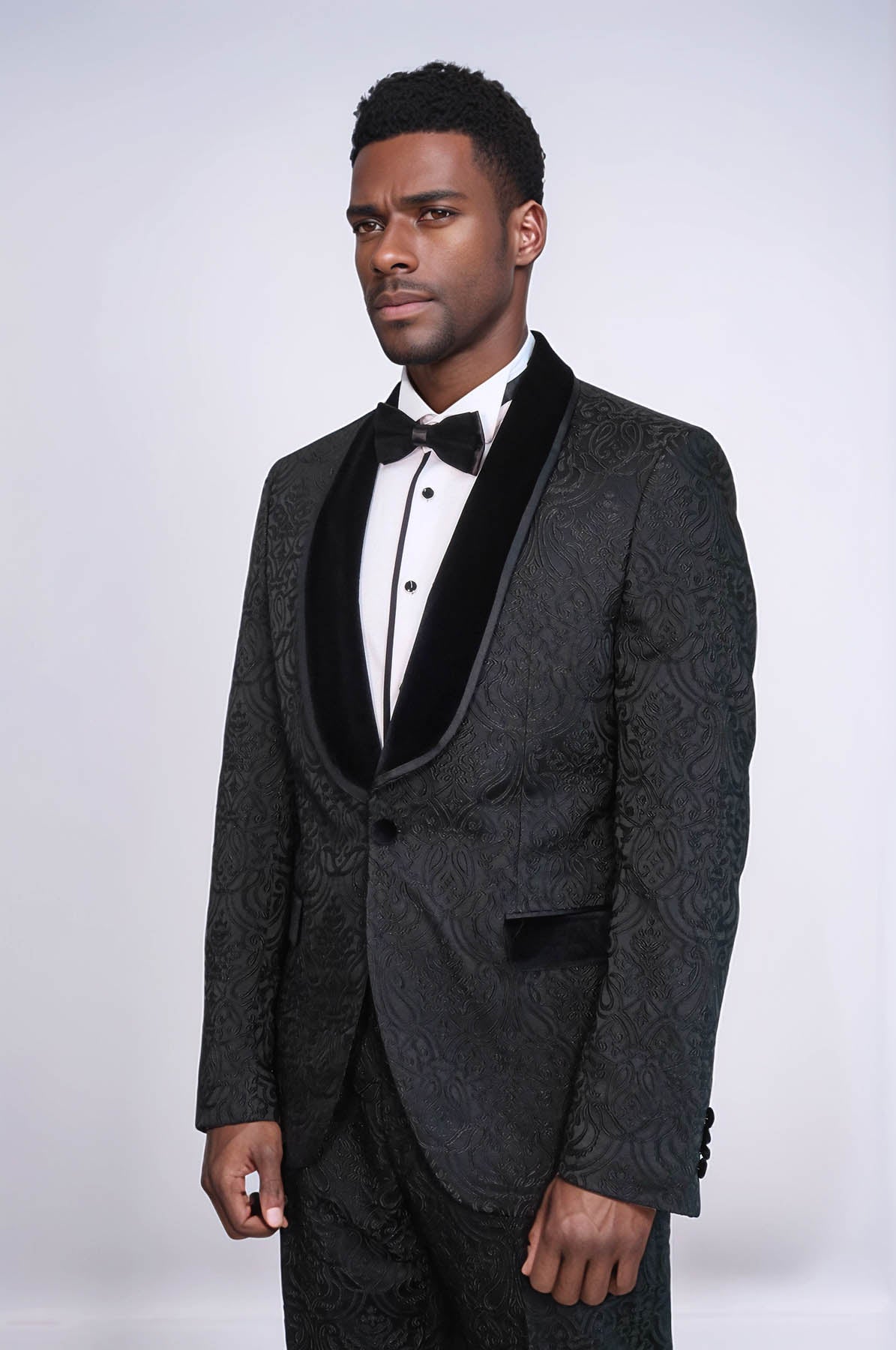 KOALA SYDNEY 2 Piece Damask Patterned Velvet Shawl Collar Black Men's Tuxedo Suit -
