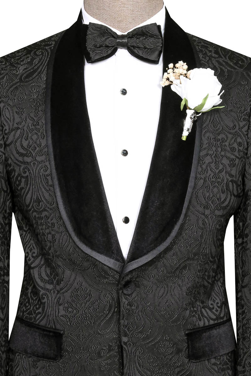 KOALA SYDNEY Black Tuxedo with Velvet Lapel Detail, Patterned Waistcoat, and White Shirt Look - Wedding Style