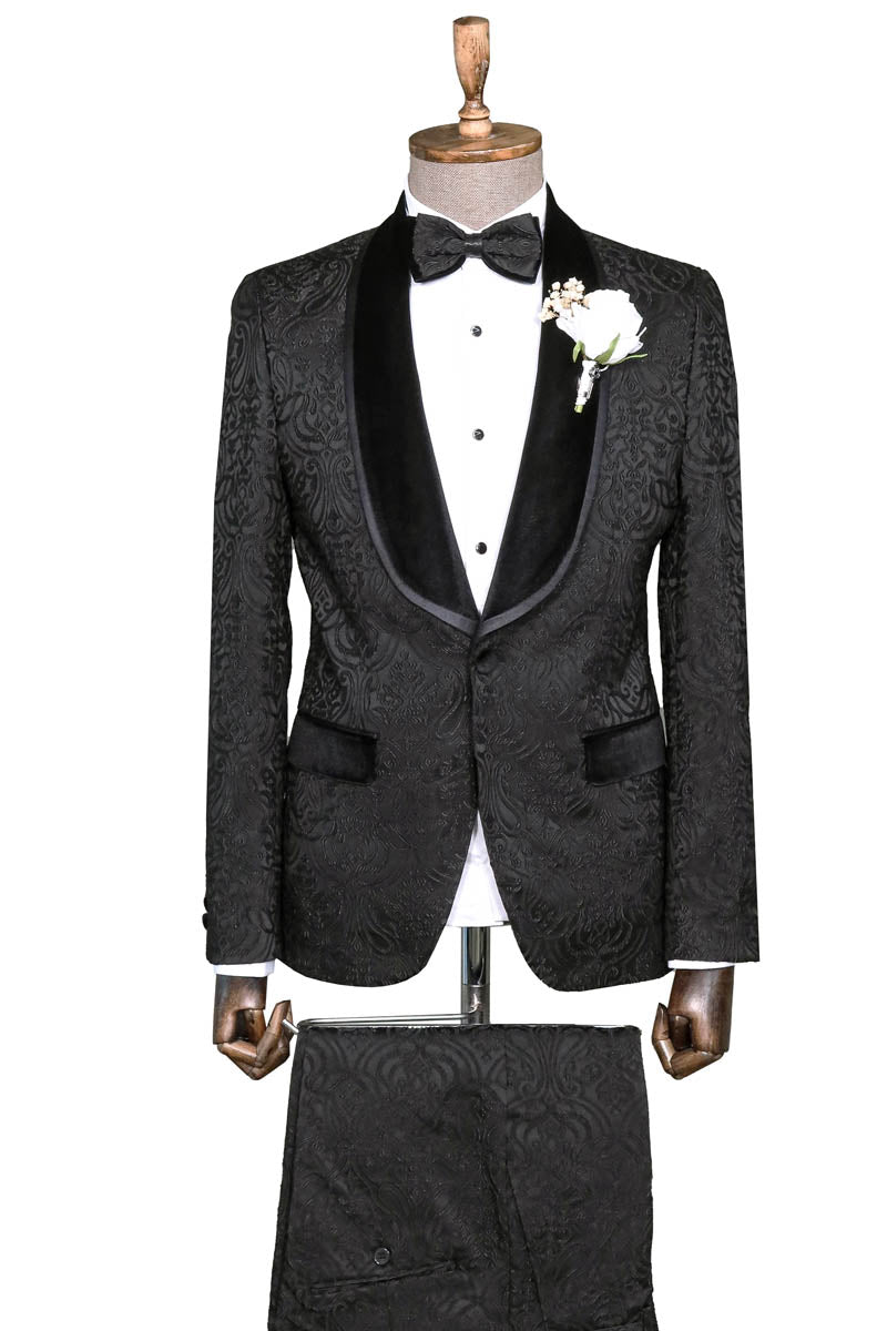KOALA SYDNEY Black Tuxedo with Velvet Lapel Detail, Patterned Waistcoat, and White Shirt Look - Wedding Style