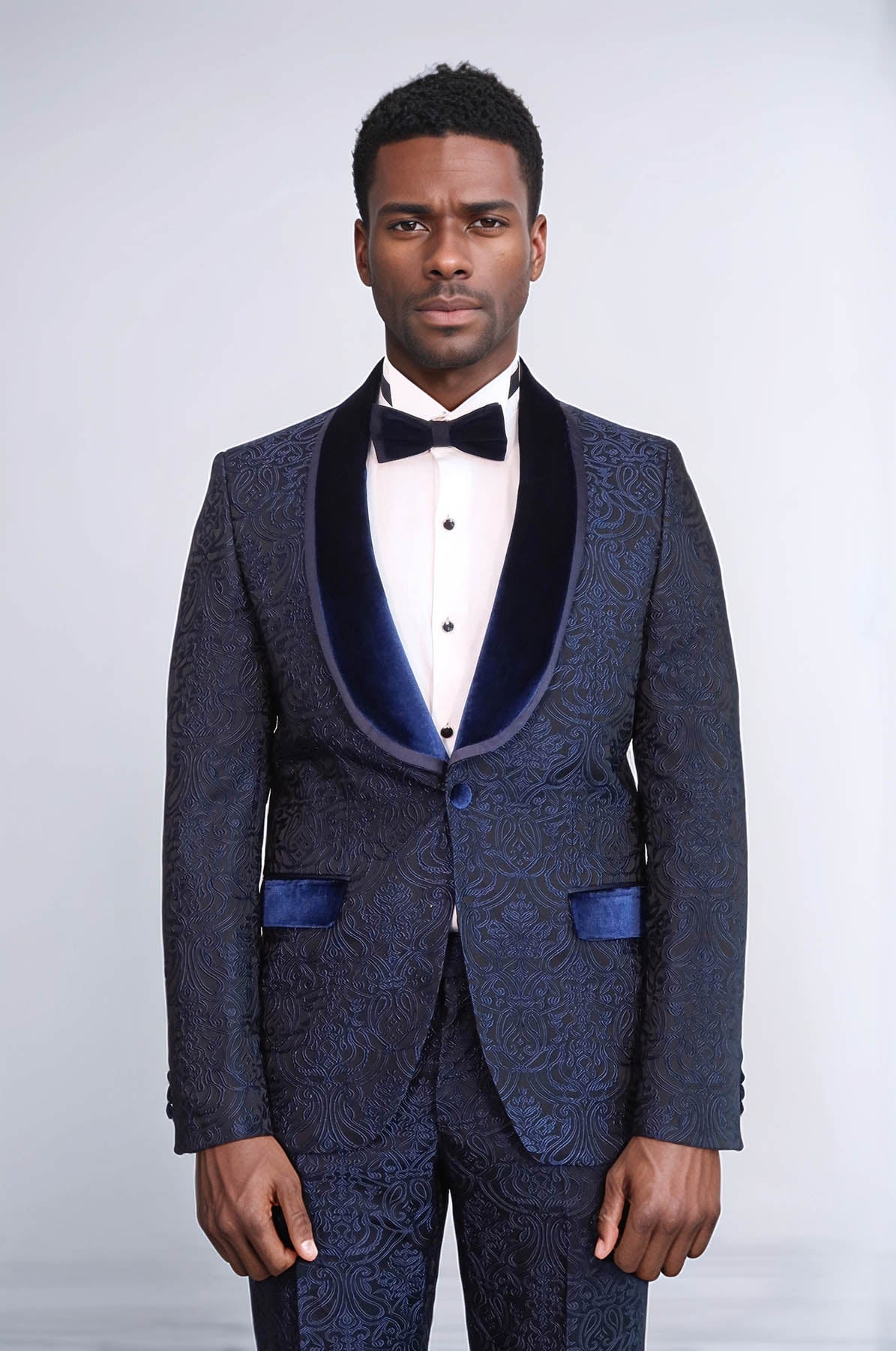 KOALA SYDNEY 2 Piece Damask Patterned Velvet Shawl Collar Royal Blue Men's Tuxedo Suit -
