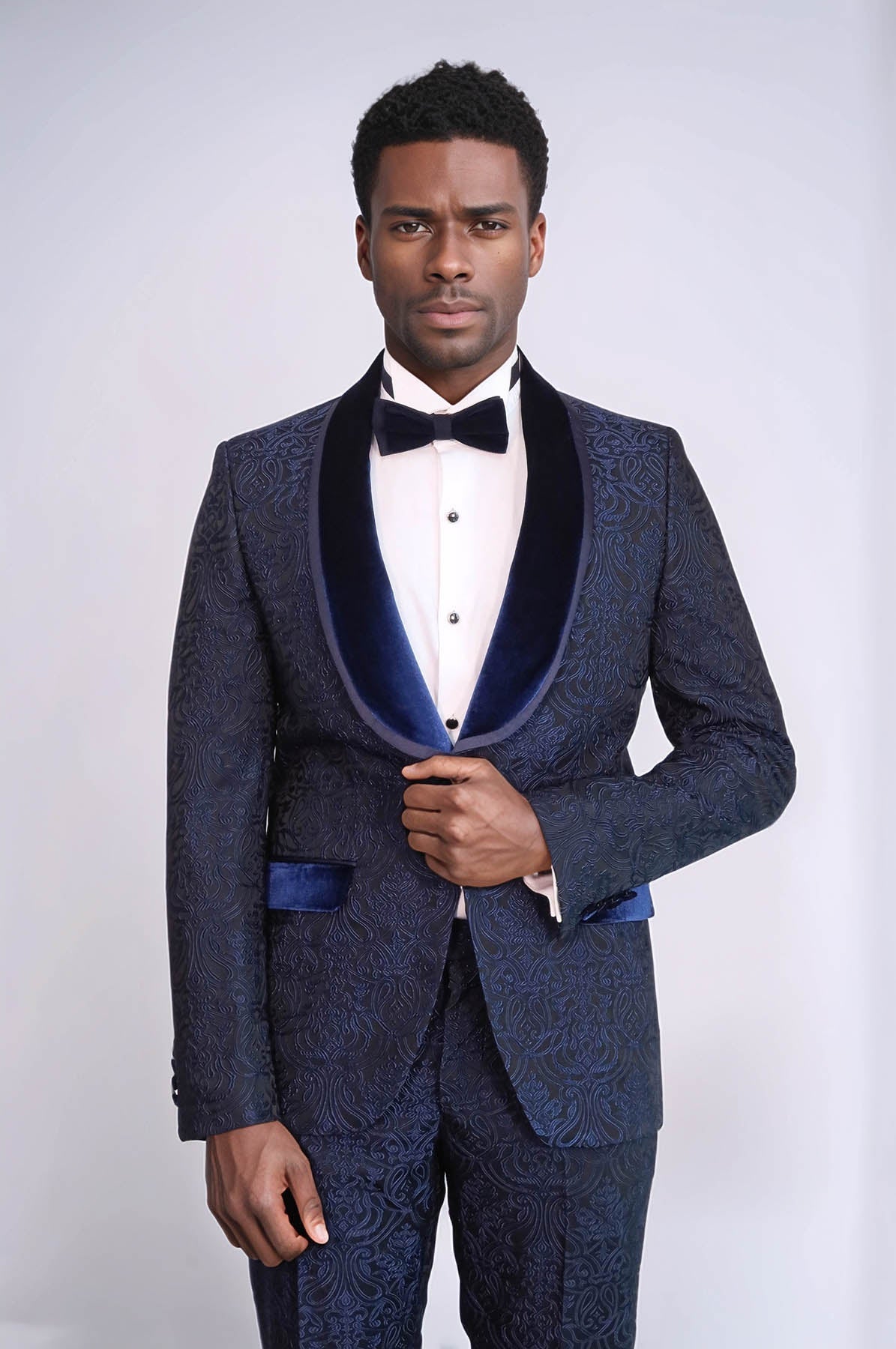 KOALA SYDNEY 2 Piece Damask Patterned Velvet Shawl Collar Royal Blue Men's Tuxedo Suit -
