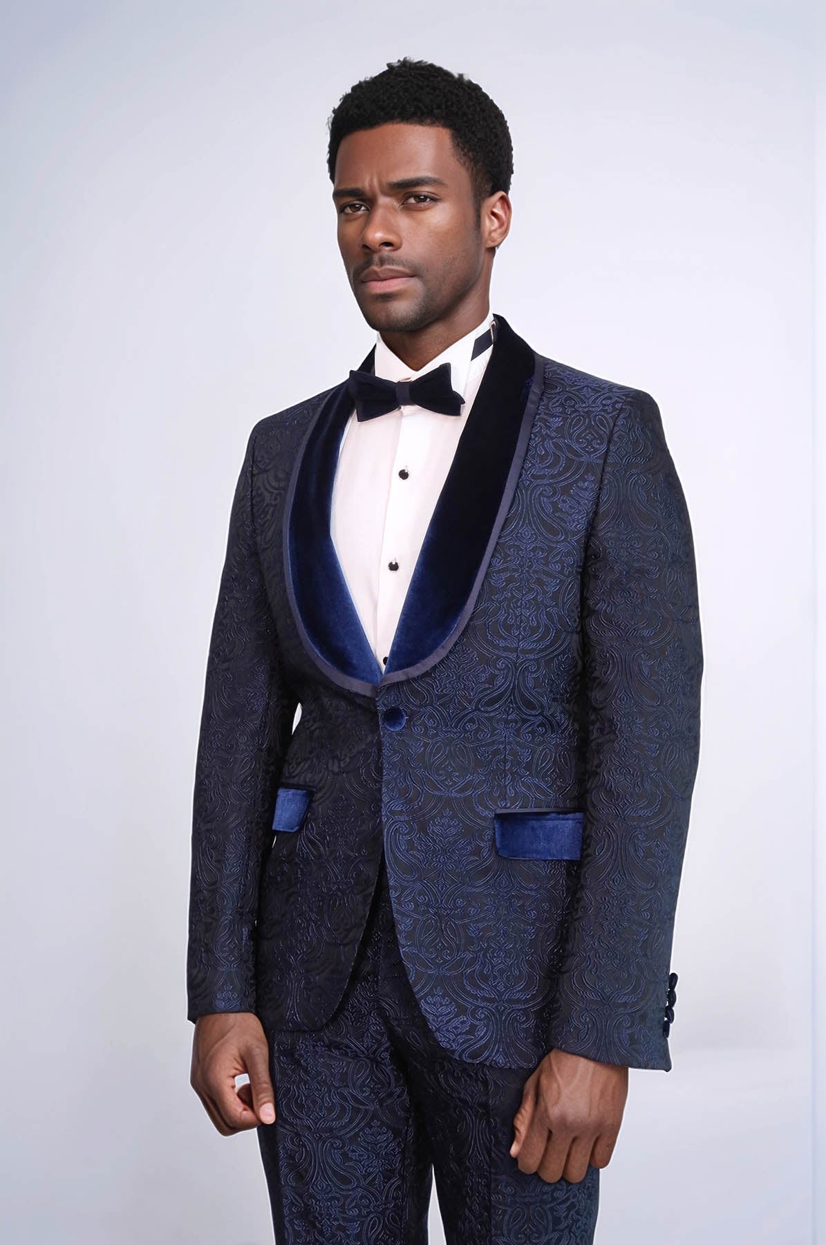 KOALA SYDNEY 2 Piece Damask Patterned Velvet Shawl Collar Royal Blue Men's Tuxedo Suit -