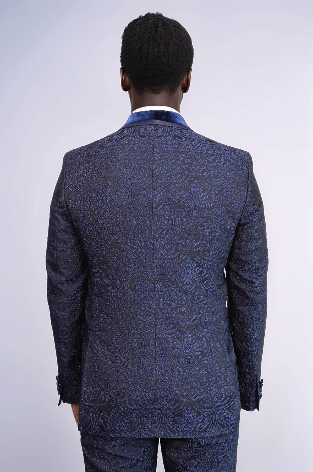 KOALA SYDNEY 2 Piece Damask Patterned Velvet Shawl Collar Royal Blue Men's Tuxedo Suit -