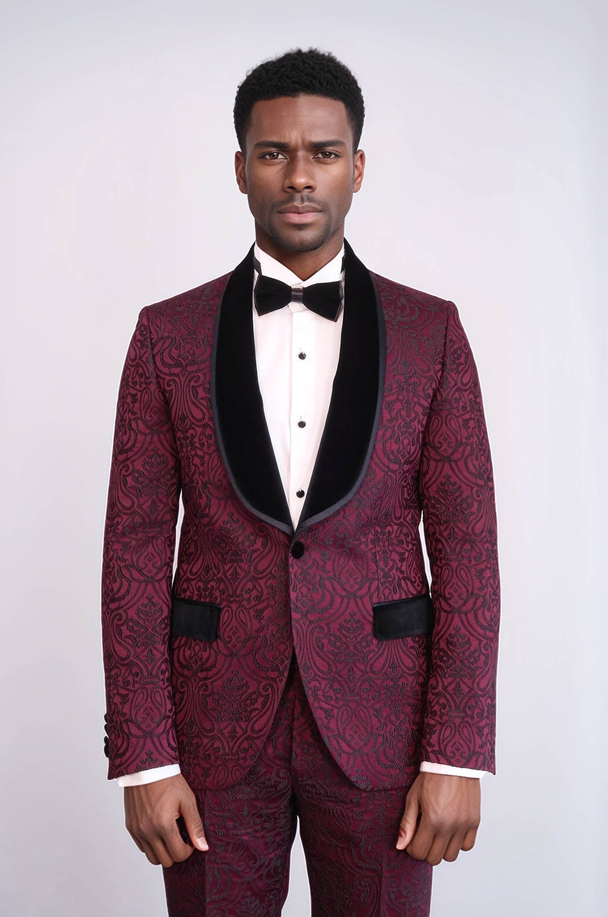 KOALA SYDNEY 2 Piece Damask Patterned Velvet Shawl Collar Burgundy Men's Tuxedo Suit -