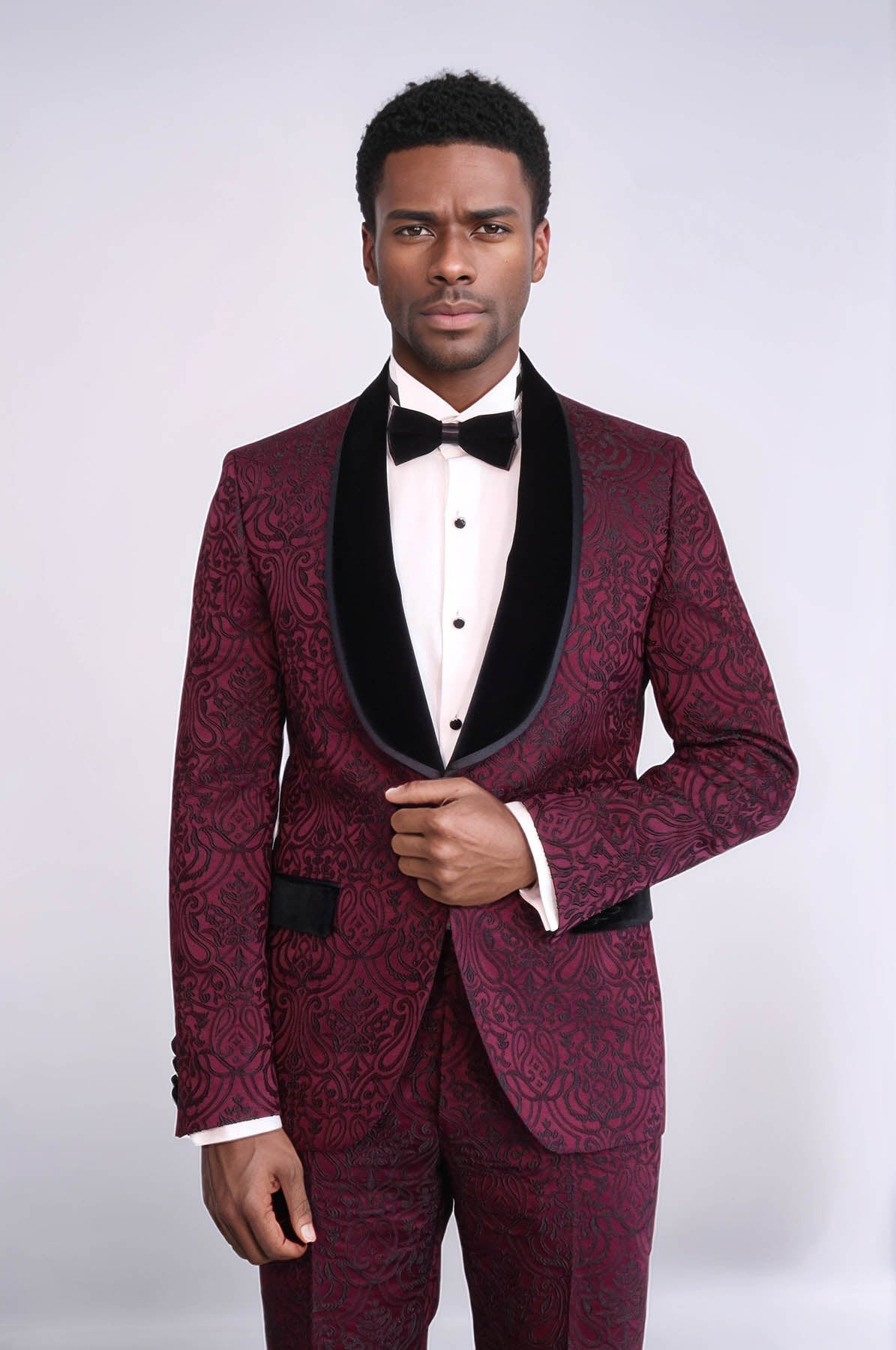 KOALA SYDNEY 2 Piece Damask Patterned Velvet Shawl Collar Burgundy Men's Tuxedo Suit -