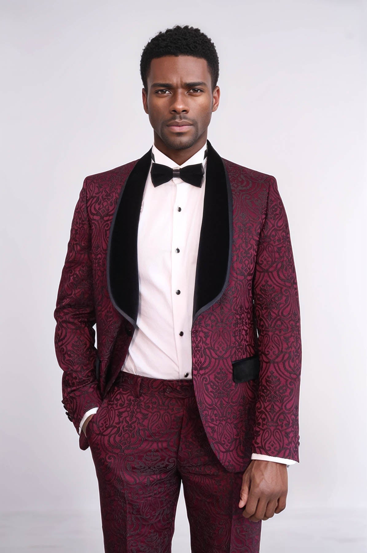 KOALA SYDNEY 2 Piece Damask Patterned Velvet Shawl Collar Burgundy Men's Tuxedo Suit -
