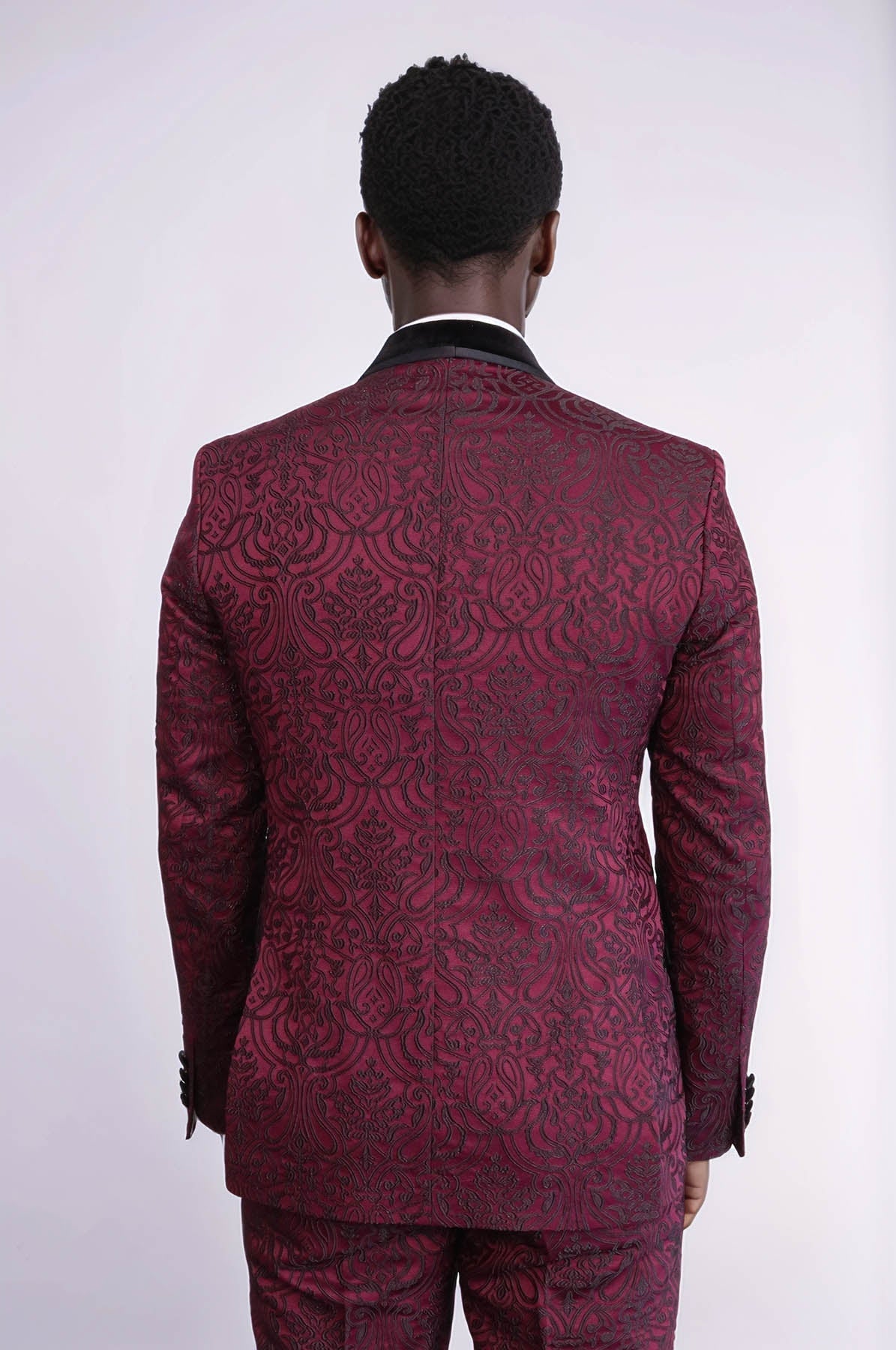 KOALA SYDNEY 2 Piece Damask Patterned Velvet Shawl Collar Burgundy Men's Tuxedo Suit -