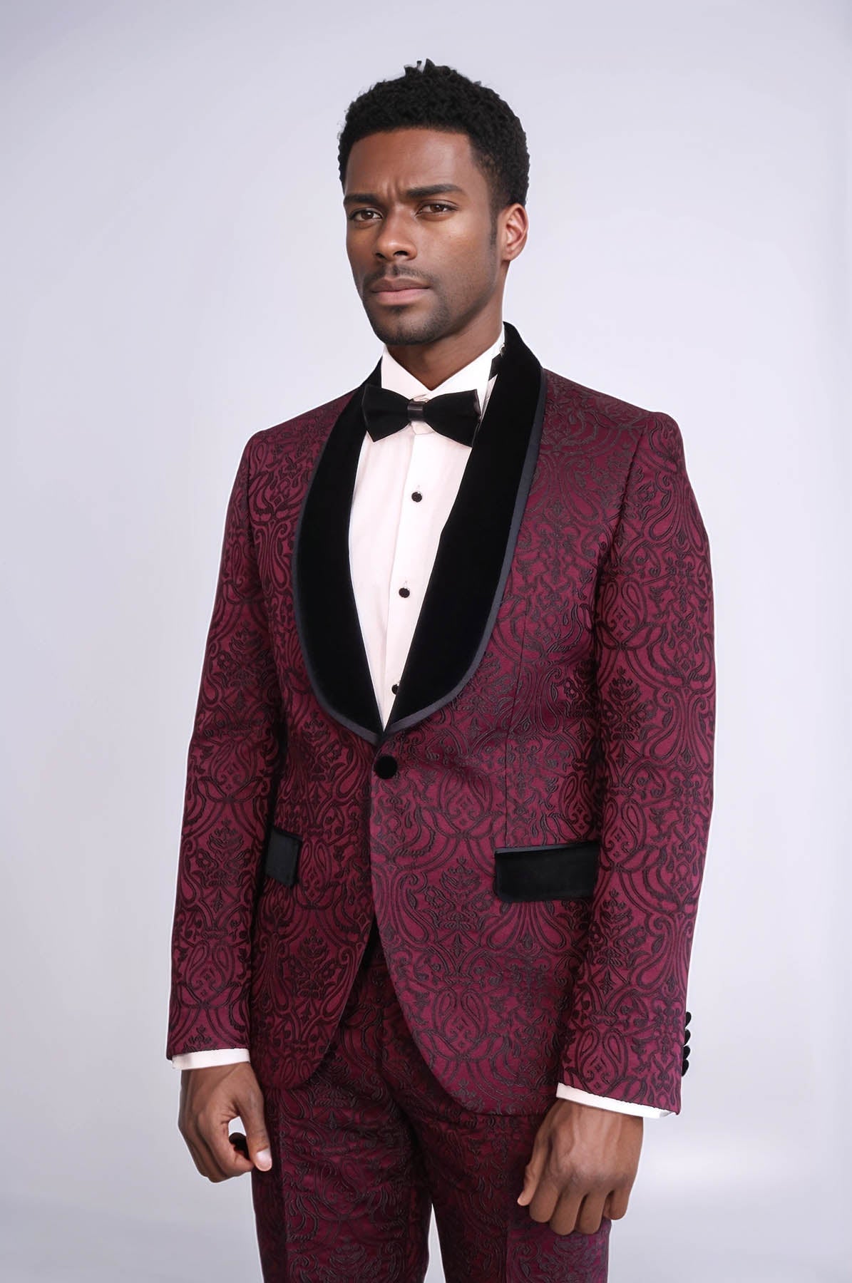 KOALA SYDNEY 2 Piece Damask Patterned Velvet Shawl Collar Burgundy Men's Tuxedo Suit -