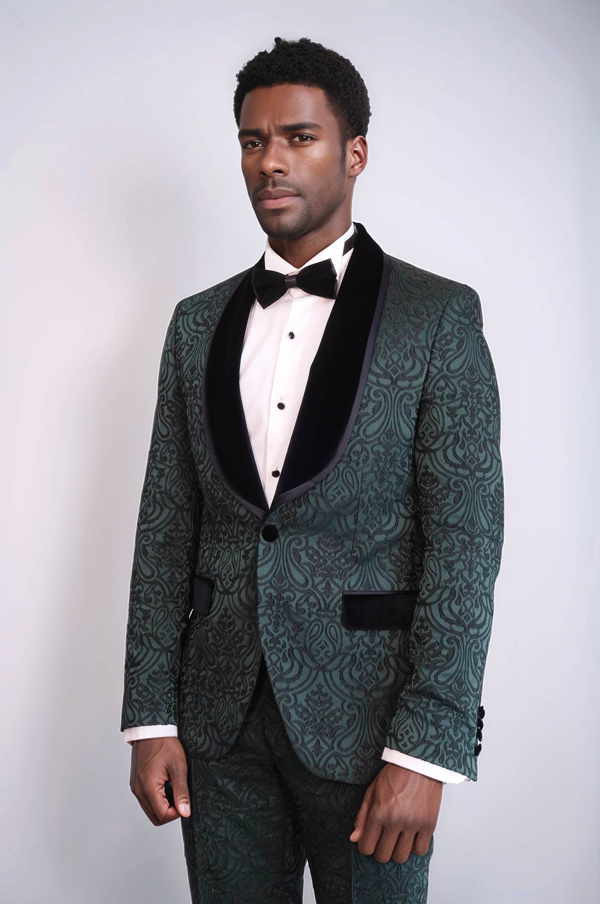 KOALA SYDNEY 2 Piece Damask Patterned Velvet Shawl Collar Emerald Green Men's Tuxedo Suit -